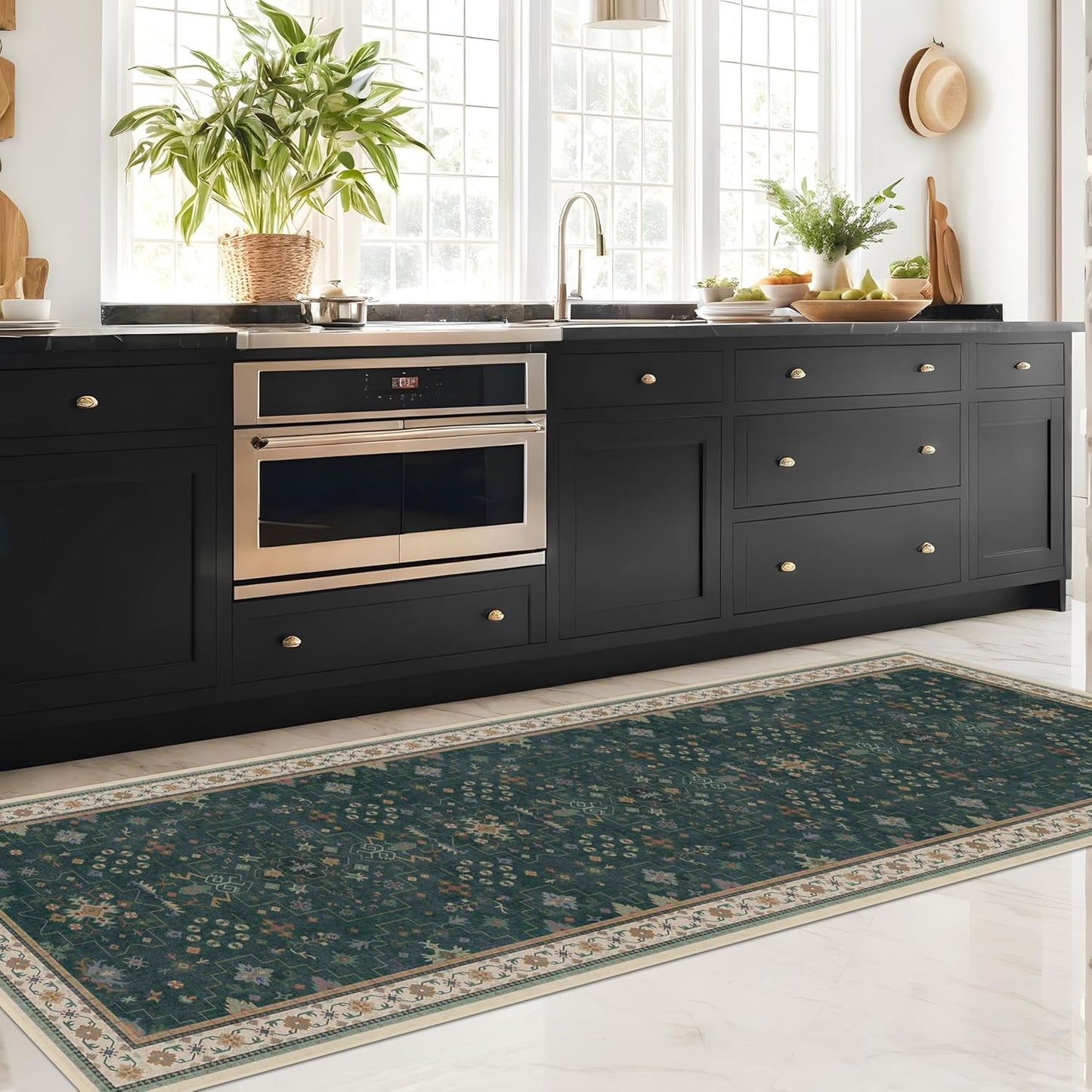 Regine Switzerland Dark Green Kitchen Runner Rug - Washable, Non-Slip Rubber Backing, 2'6"x8'