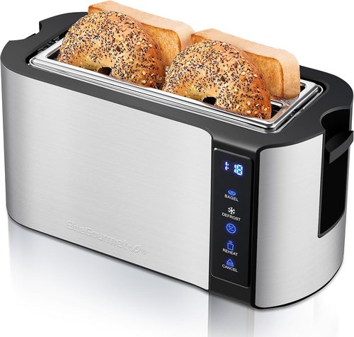 Elite Gourmet Long Slot 4-Slice Toaster - Countdown Timer, Bagel Function & Extra Wide Slots - Stainless Steel