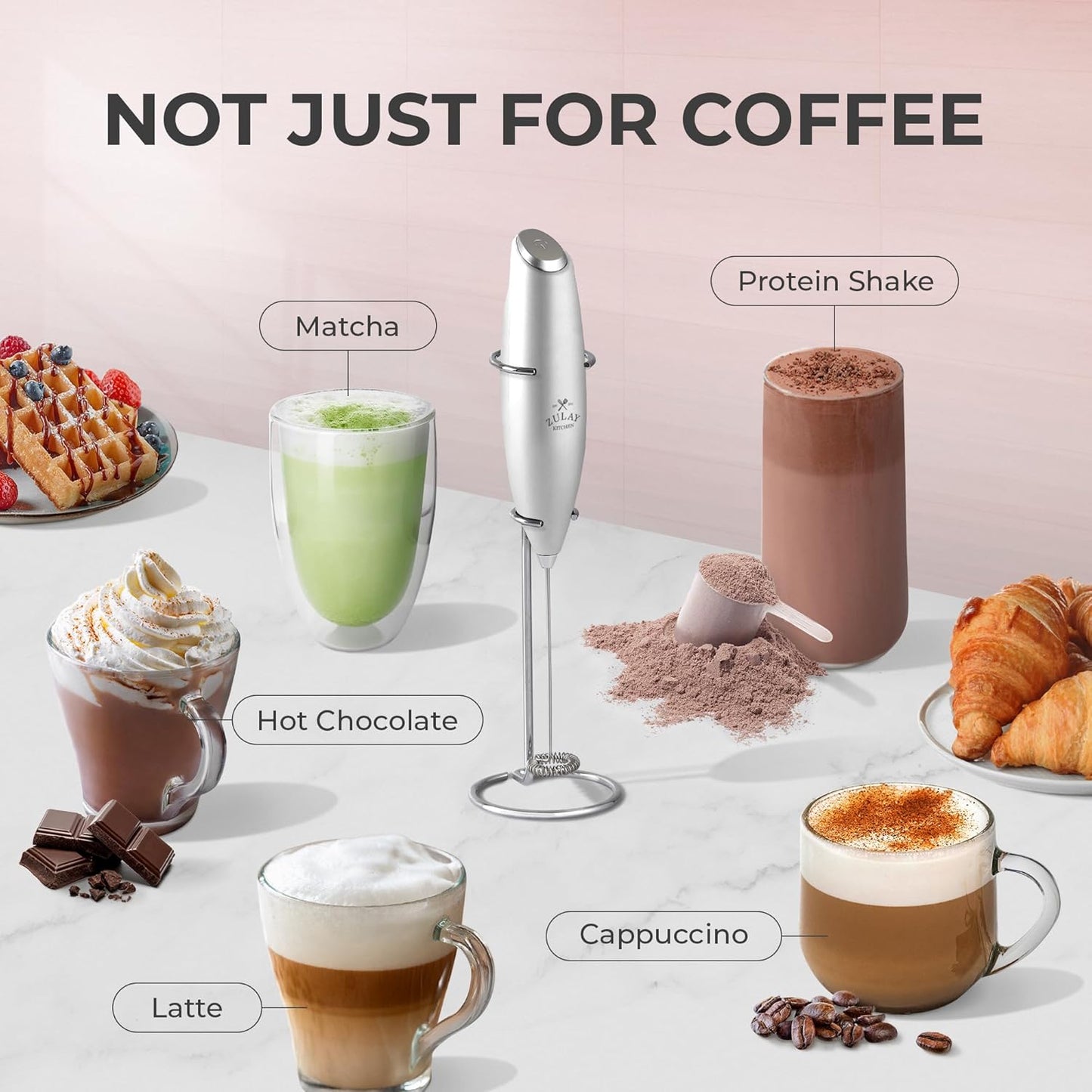 Zulay Kitchen Milk Frother Wand - Ultra Fast Handheld Electric Whisk for Coffee & Lattes - Premium Silver with 4 AA Batteries