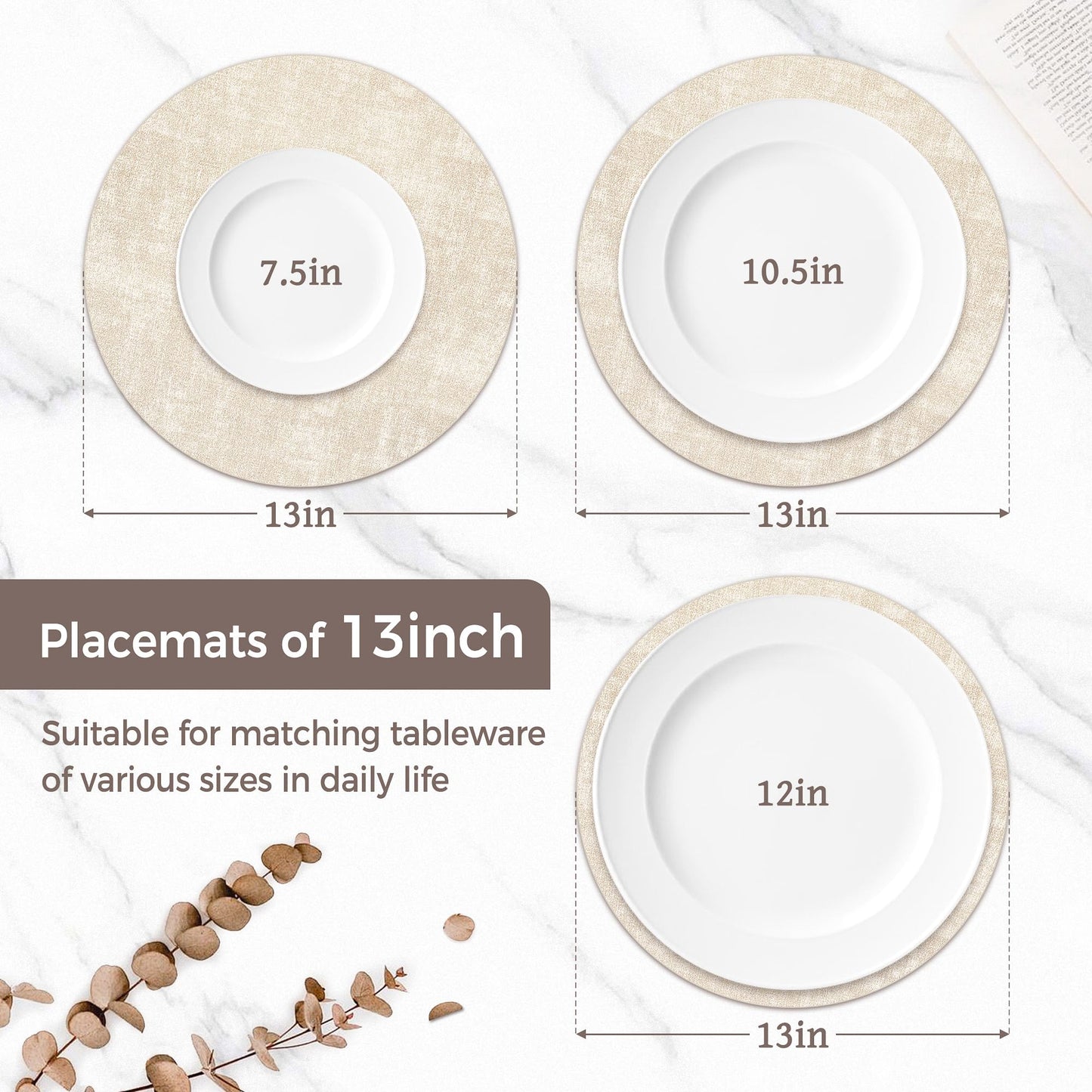 13" Round Placemats Set of 6, Reversible Faux Leather Heat Resistant Table Mats, 100% Waterproof Oilproof Wipeable Table Protective Placemats for Vinyl, Washable for Indoor & Outdoor Use (6, Beige)
