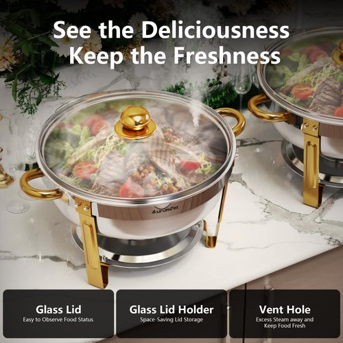 AurumPot Chafing Dishes for Buffet 4 Pack, 6QT Stainless Steel Round Chafing Dish Buffet Set for Parties, Wedding, Christmas Gatherings, Catering Events[Visible Glass Cover] Buffet Servers and Warmers