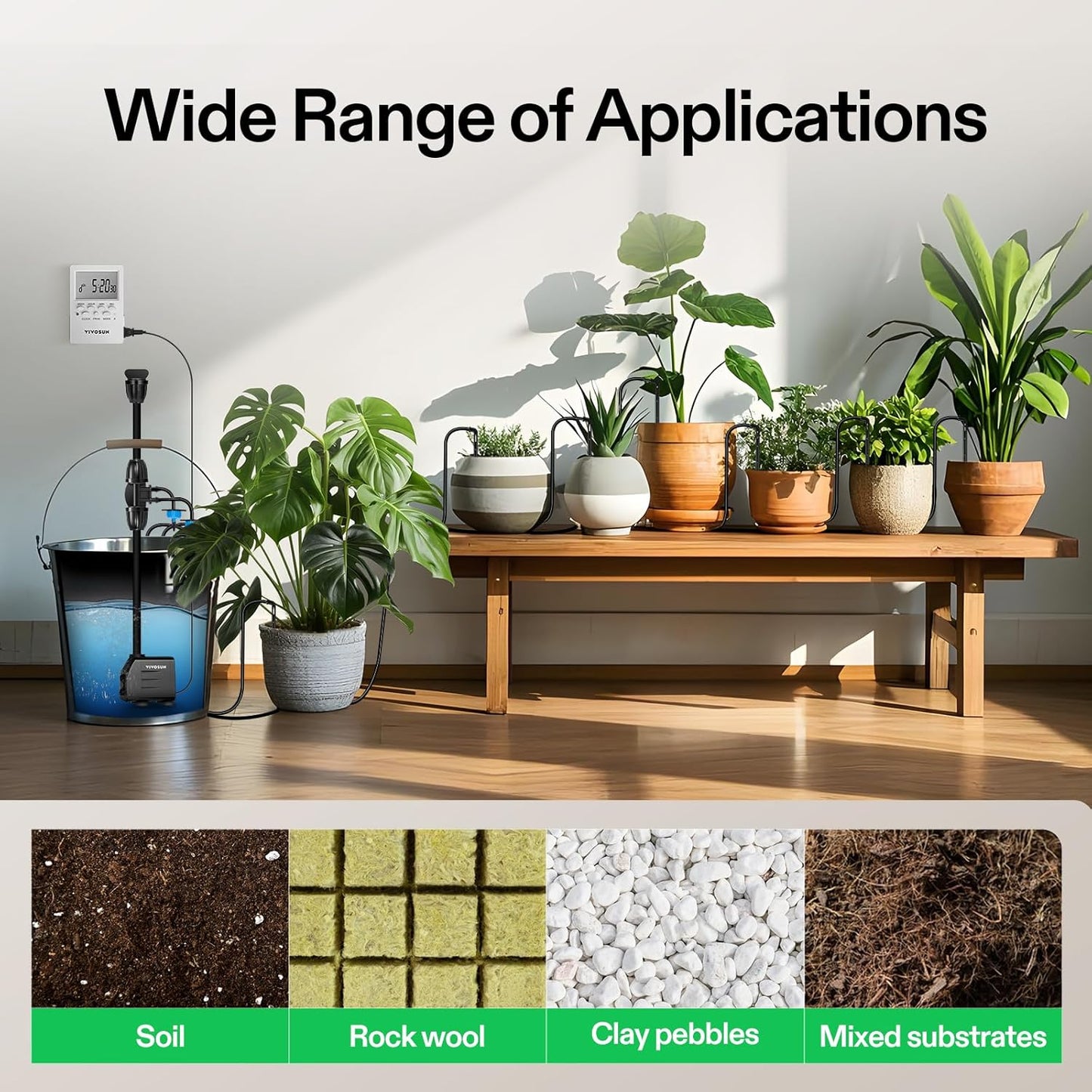 VIVOSUN Professional Drip Irrigation Kit - All-in-One System with Pump, Timer & 8 Emitters | 15W Output for Indoor/Outdoor Gardening