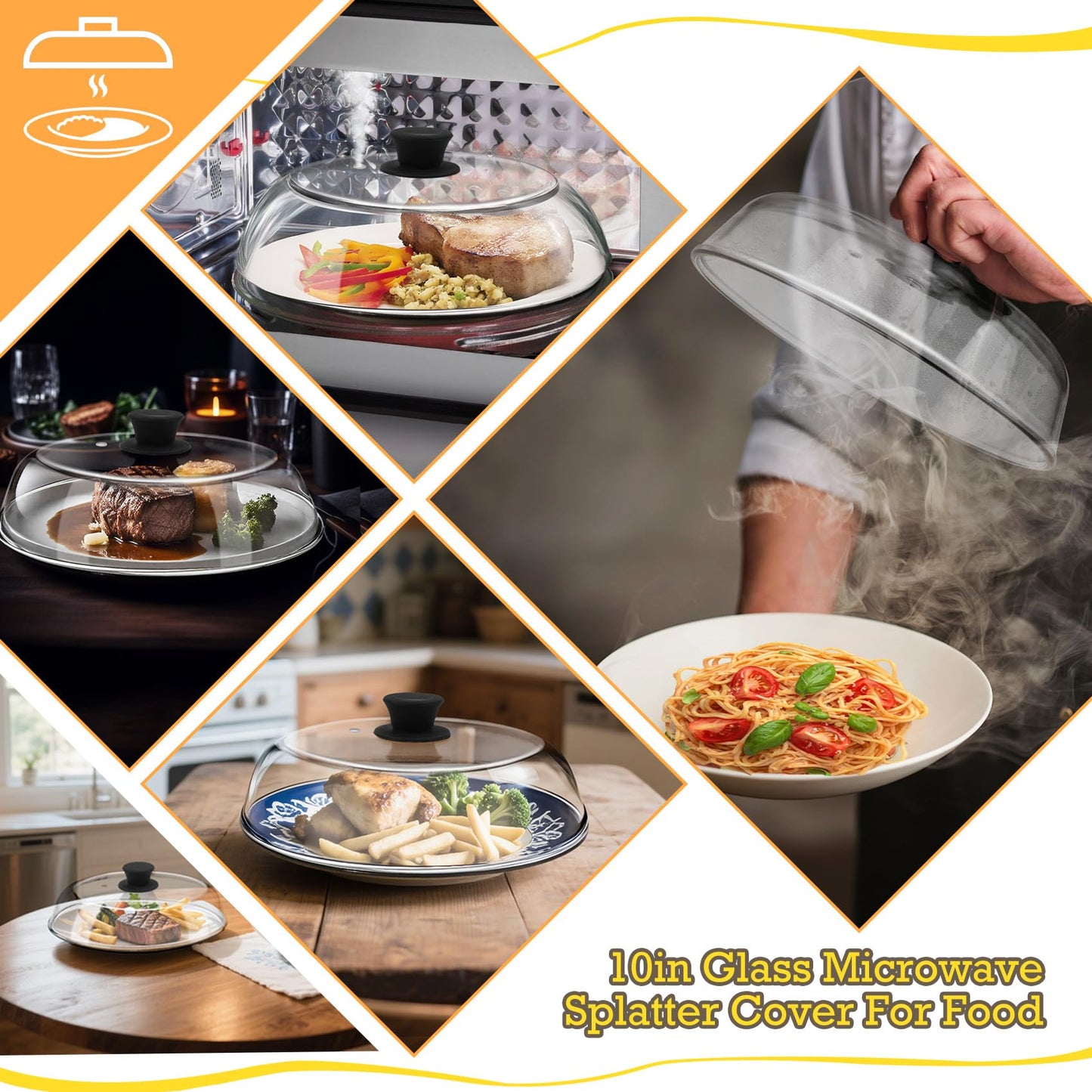 10in Glass Microwave Splatter Cover for Food, 10in Glass Microwave Cover for Food, Microwave Plate Lid with Vent Holes & Easy-Grip Handle, Dishwasher Safe, No Plastic, Food Grade,