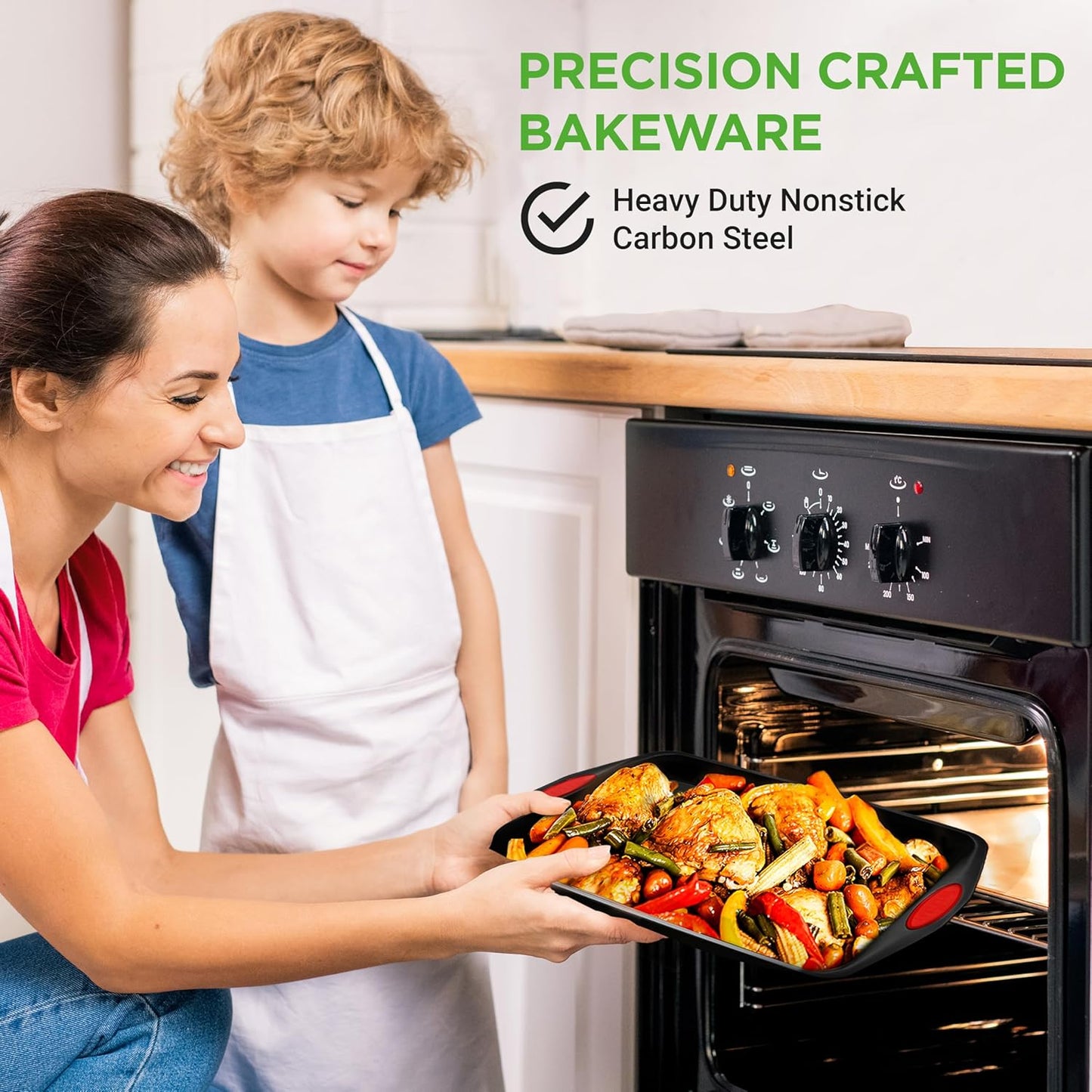 NutriChef 3-Piece Baking Pan Set | Premium Nonstick Carbon Steel Bakeware with Silicone Handles - Black