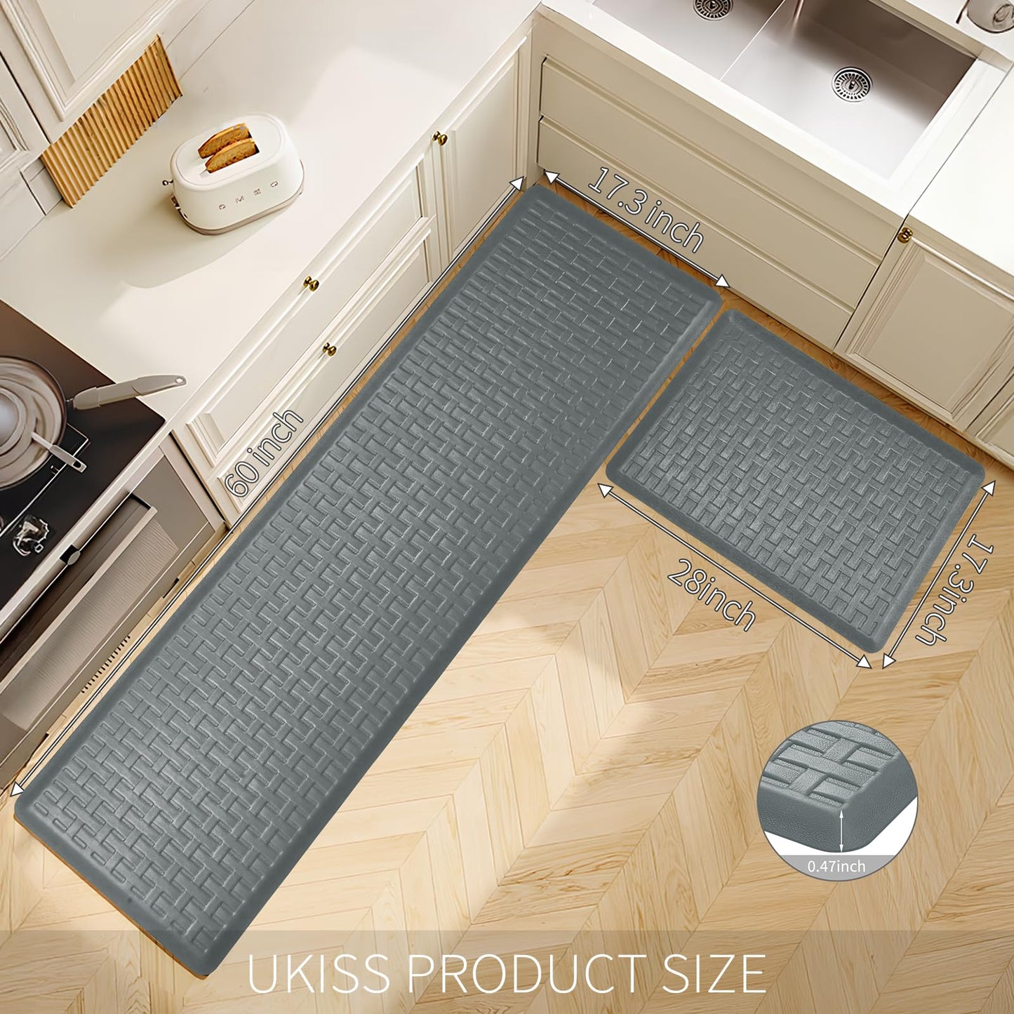 2PCS UKISS Kitchen Rugs, Cushioned Anti Fatigue Kitchen Mats for Floor, Waterproof Kitchen Rug，Non-Slip Comfort Standing Mat for Kitchen (Grey, 17.3"x28"+17.3"x60")