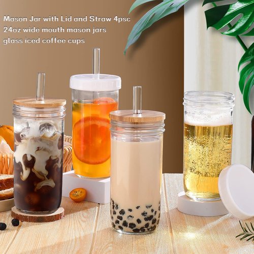 DWTS DANWEITESI Glass Cups - 24 oz Reusable Smoothie & Iced Coffee Mason Jars with Lids & Straws | 4 Pack