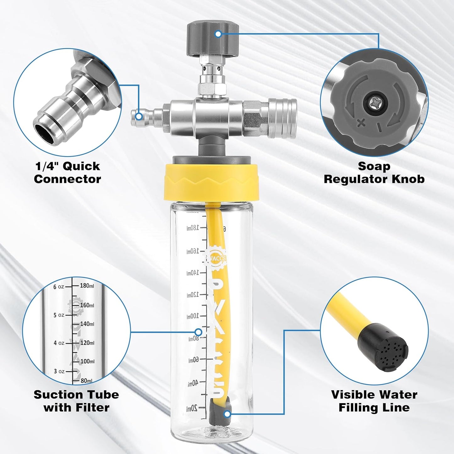 PWACCS Chemical Injector - 200ml Downstream Injector with 40" Radiator Cleaning Wand & 180° Swivel for Power Washers