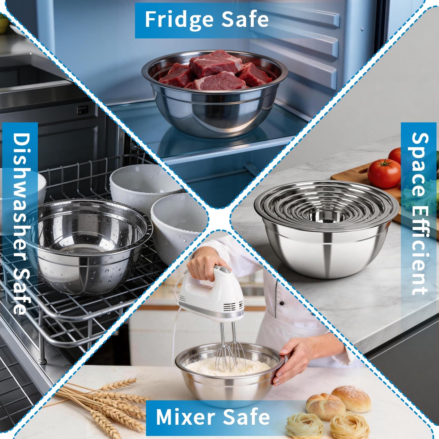 YJSLICT Stainless Steel Mixing Bowls with Lids Set (Size 0.7, 1.1, 1.5, 2.1, 3.5, 4, 4.5QT)