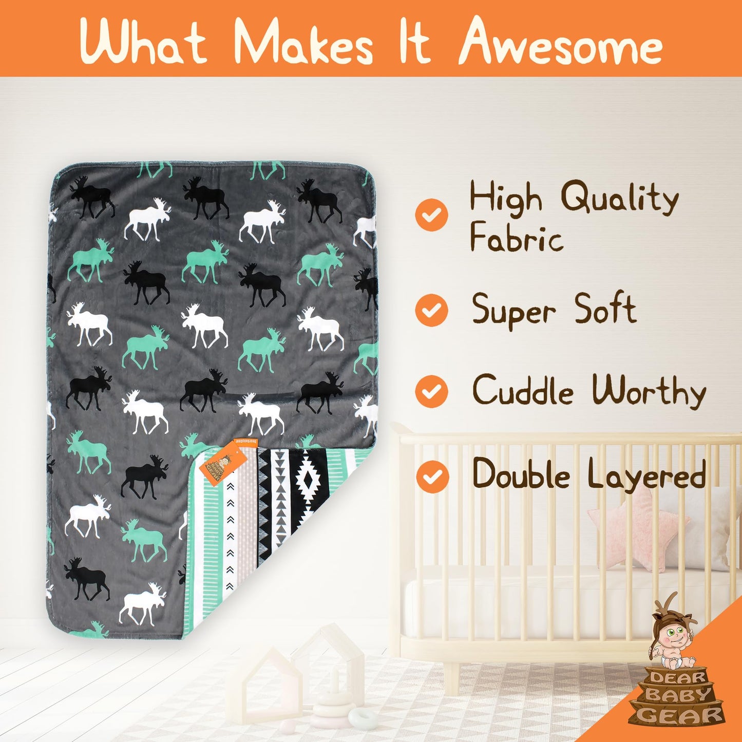 Dear Baby Gear - Reversible Baby Blankets - Soft Nursery Blanket for Newborn - Toddler Blankey - Throw Blanket for Boys & Girls - Infant Blankets - 40x30" (White Gray and Mint, Moose)