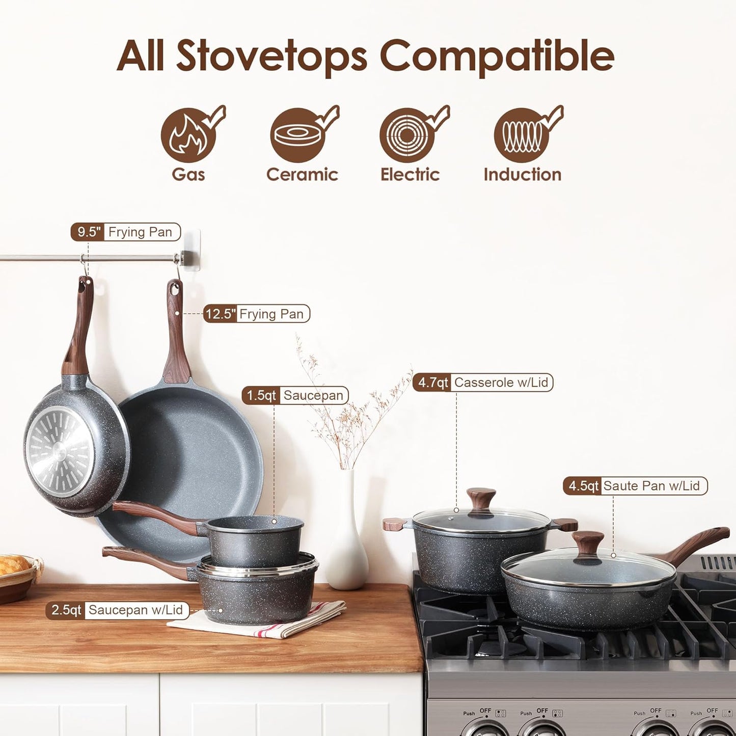SENSARTE 17-Piece Nonstick Cookware Set - Induction Compatible with 8-Inch Omelet Pan & Lid