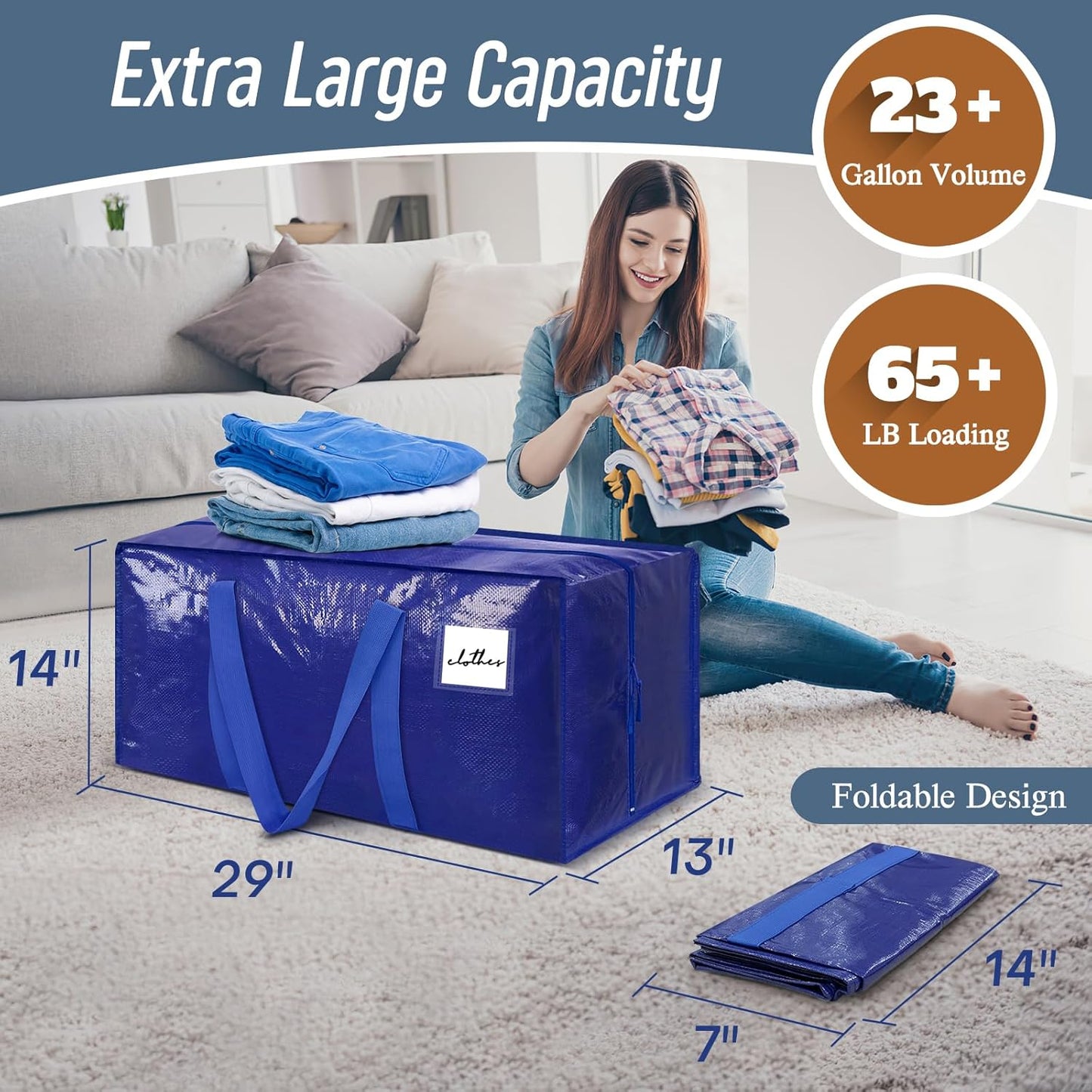 Skiennix Extra Heavy Duty Large Moving Bags - Strong Zipper & Comfortable Handles | 12 Pack, Blue