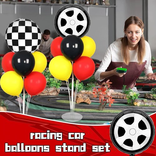 **Race Car Party Balloons Kit by [Brand Name] - 2 Sets with Checkered Foil Balloons | Red, Black & Yellow Decor for Boys' Birthday**