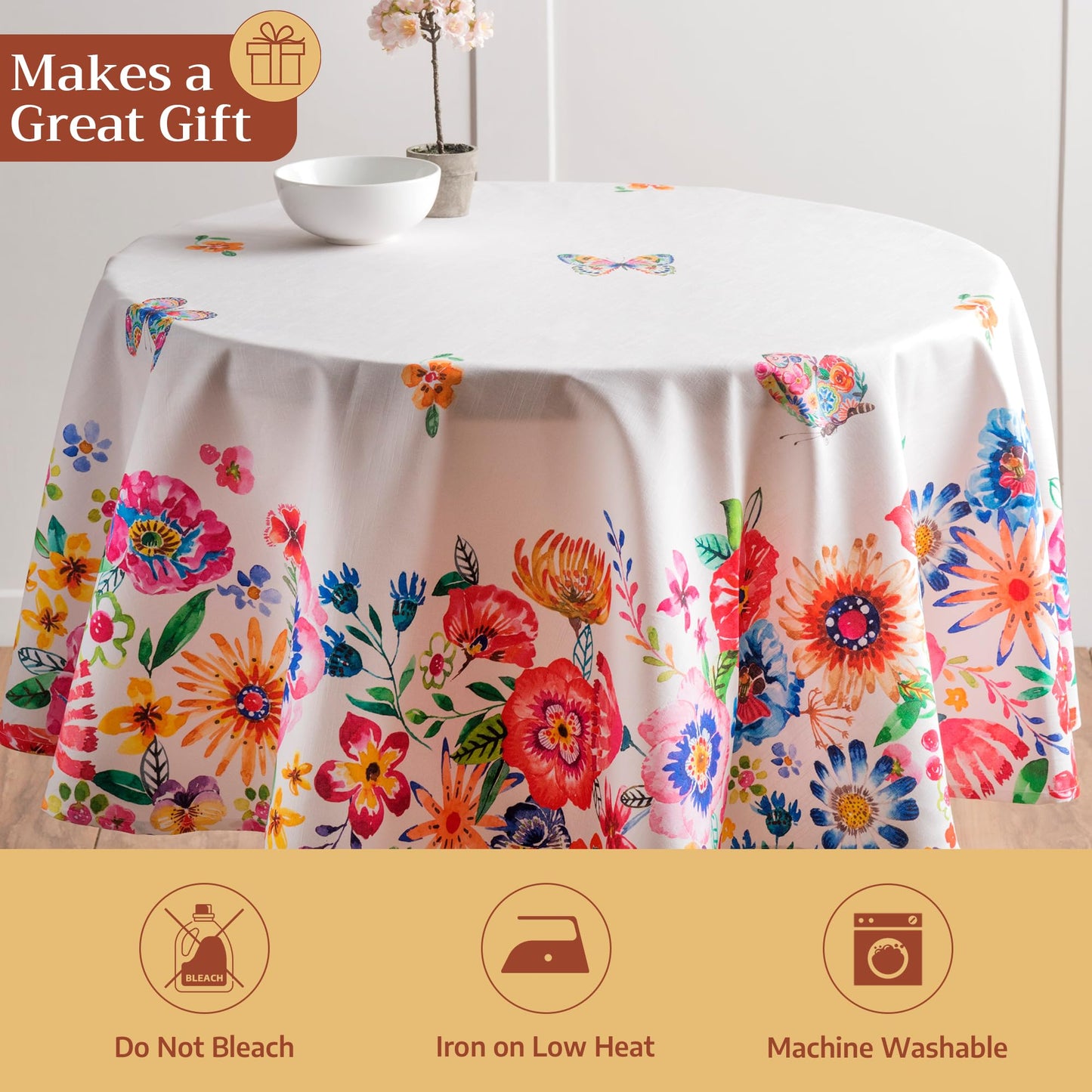 Maison d' Hermine Table Cloth Round Table 100% Cotton 63 Round Inches Tablecloth Reusable Decorative for Dining Kitchen Farmhouse Home Gifts for Mothers Day Spring Summer- Happy Florals -High Summer