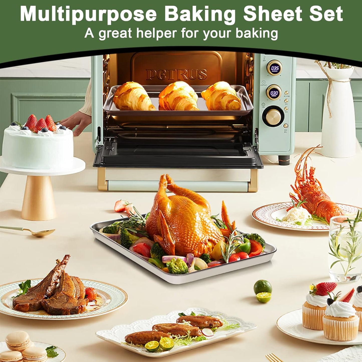 Skiennix Baking Sheet Tray Set - Heavy Duty Stainless Steel Cookie Pans with Silicone Mats | 9-Piece Set in Red