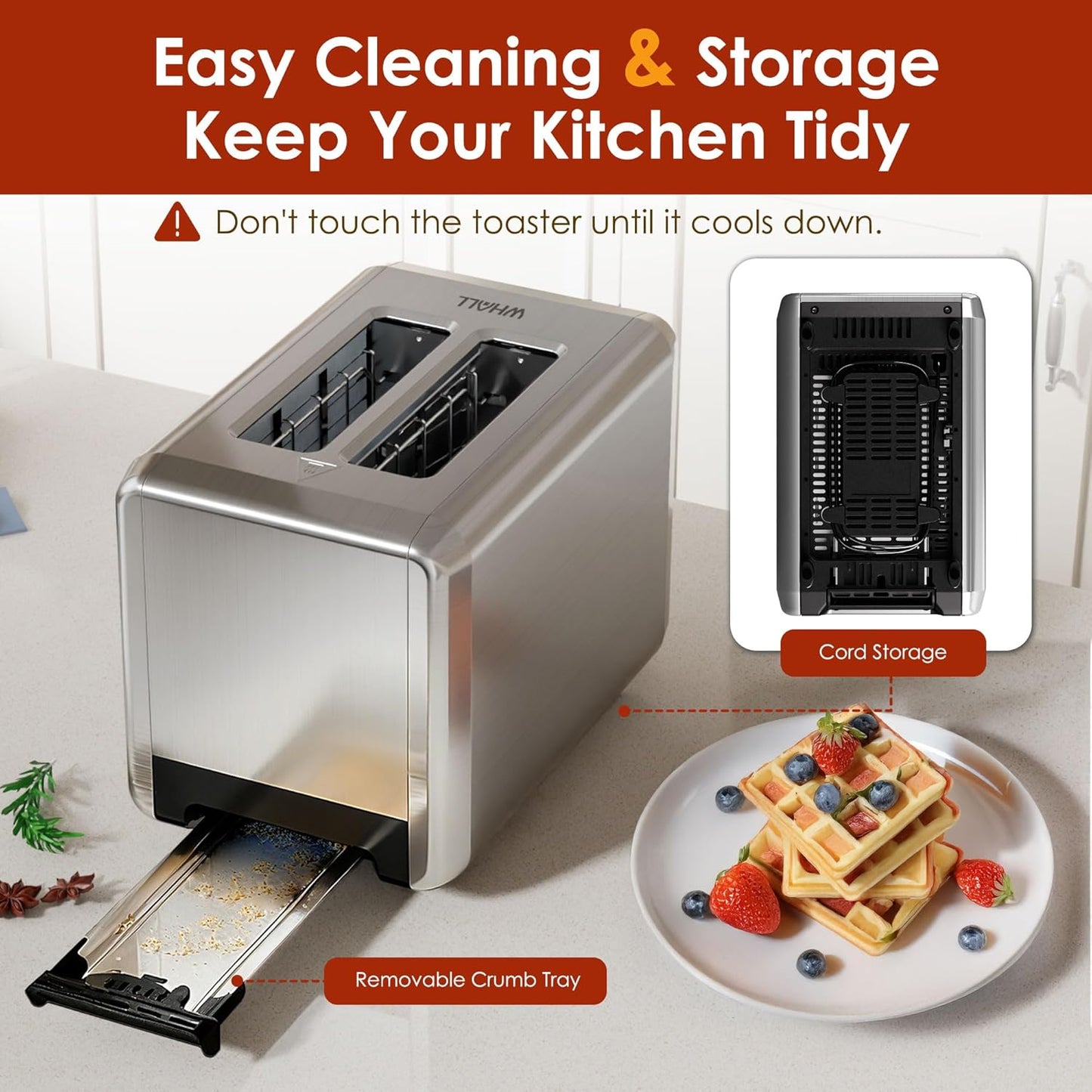 WHALL 2-Slice Stainless Steel Toaster - Full Touch Screen, Digital Timer, 6 Bread Types & Shade Settings, Silver