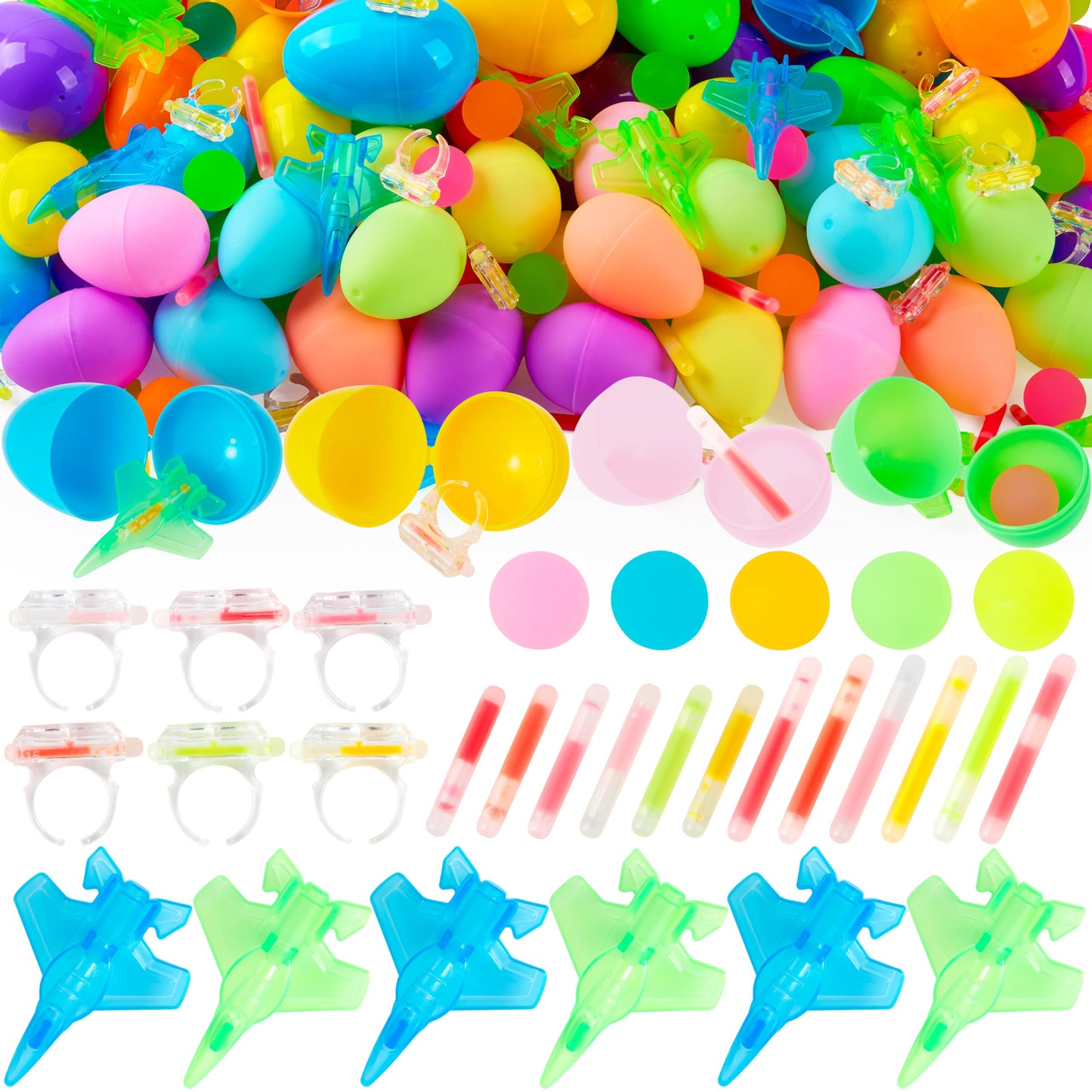 JOYIN 80 Pcs Easter Eggs with Glow Toys, 20 Mini Glow Sticks, 20 Rings, 20 Airplanes, 20 Balls, Glow-In-The-Dark Basket Stuffers for Kids, Filled Easter Egg Hunt, Class Prizes, Party Favors Supplies