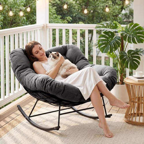 JEAREY Oversized Outdoor Papasan Rocking Chair - Comfy Egg Chair for Patio, Garden & Living Room - Grey