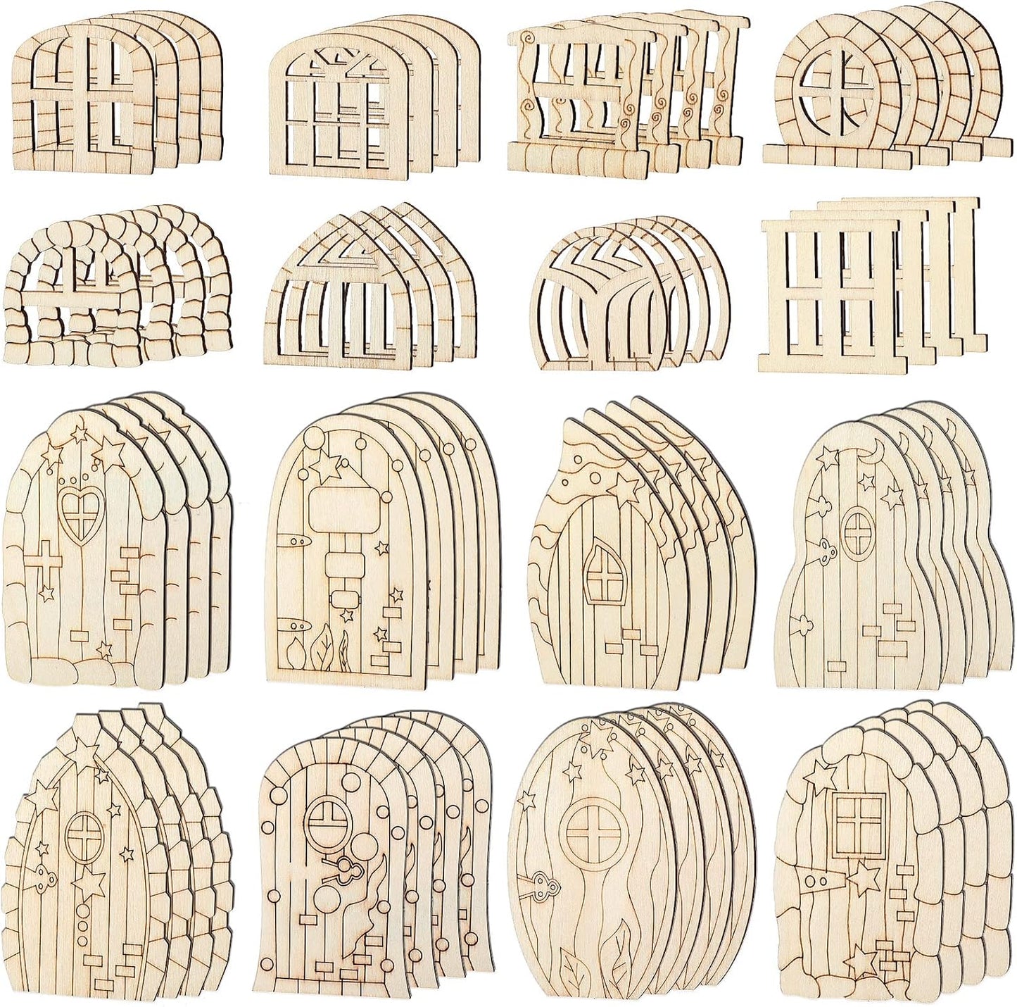 Skiennix Fairy Door Mini Wooden Garden Kit - 64 Unfinished Craft Doors & Windows for DIY Decor