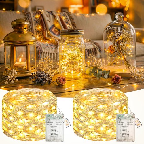 2 Pack Fairy Lights Battery Operated with Timer, 16.4 FT 50 LED Silver Wire Twinkle String Lights 8 Modes Dimmable Waterproof for Indoor Christmas Bedroom Wedding Decorations, Warm White
