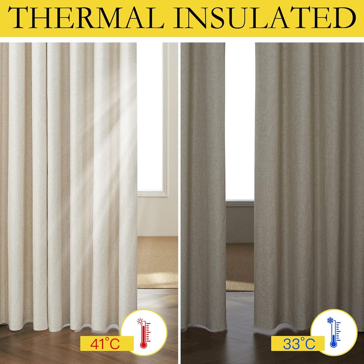 NICETOWN Blackout Curtains - Natural Thick Linen Blend with White Liners | Thermal Insulated Draperies (2 Panels, 42" W x 63" L)