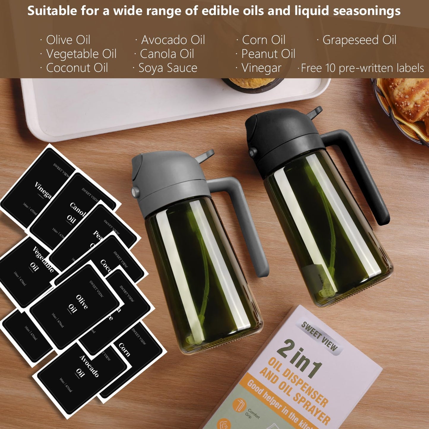 SWEET VIEW - Olive Oil Sprayer for Cooking, 16oz/470ml Glass Light-Proof Oil Pourer for Kitchen with Stickers for Air Fryer, Cooking, Salad, and BBQ with Stickers