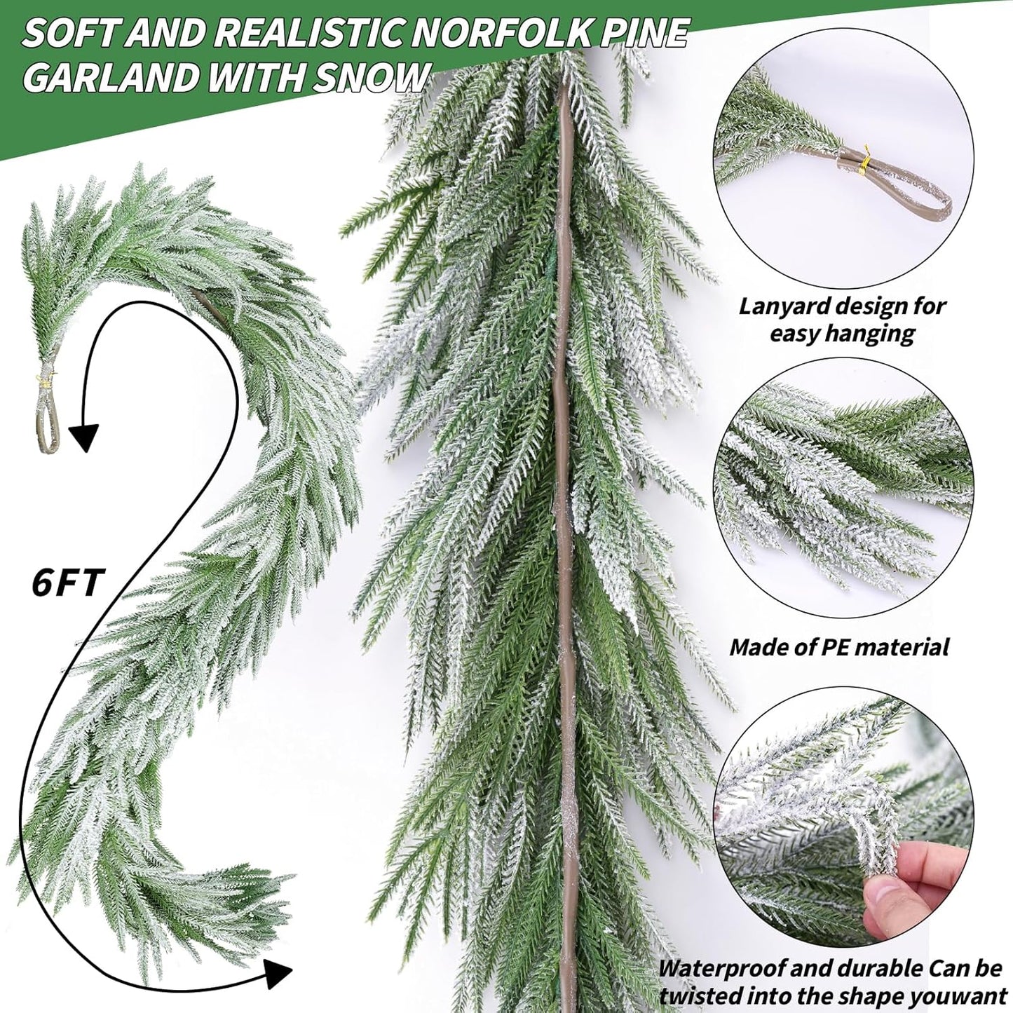 Snow Flocked Norfolk Pine Garlands, 108 Inch Real Touch Winter Pine Garland, Green Artificial Greenery Garland for Table, Mantle, Wall, Indoor, Outdoor Christmas Decorations