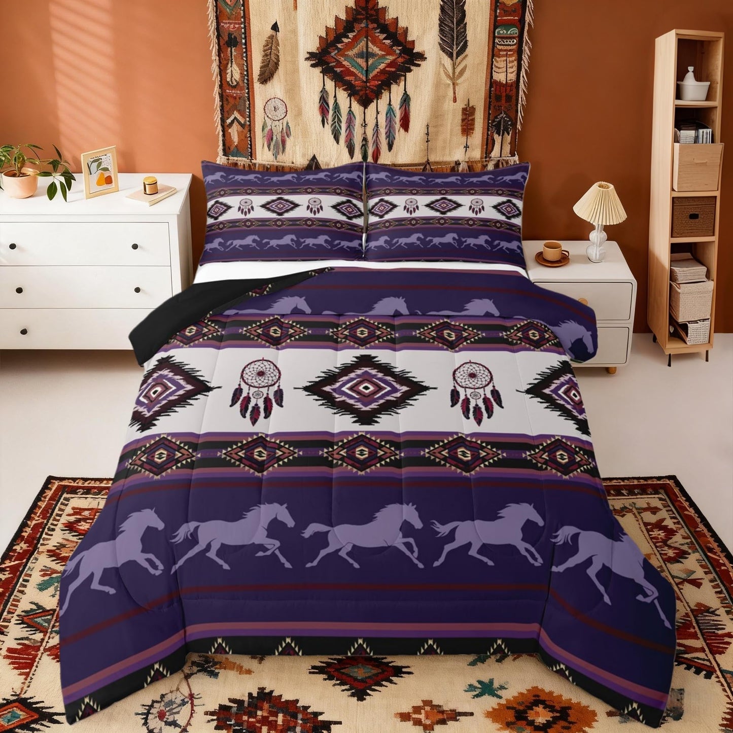Castle Fairy Boho Aztec Kids Comforter Set Twin Size,Southwest Native Tribal Exotic Reversible Bedding Sets for Teens Bedroom Decor,American Ethnic Purple Horse Quilted Duvet,1 Pillowcase
