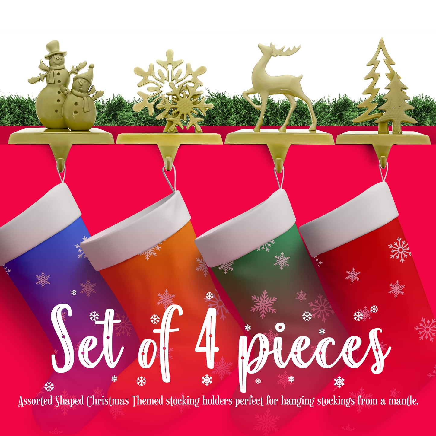 Season 4 Sparkles Christmas Stocking Hangers for Mantle Set of 4 - Golden Color Weighted Stocking Holders for Mantel - Durable So Santa Can Reach The Stockings