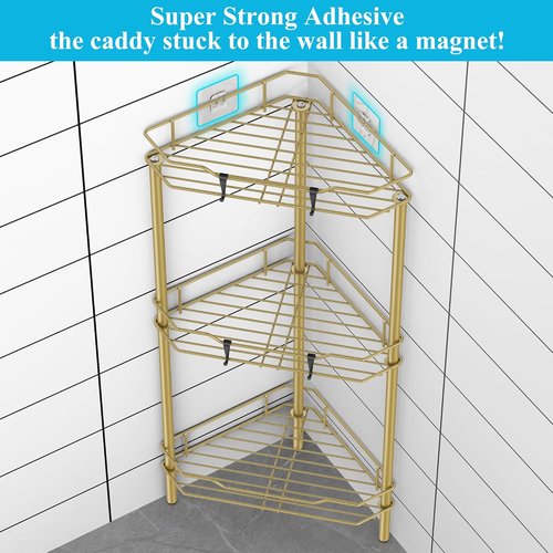 HuggieGems 3-Tier Corner Shower Caddy Organizer - Stylish Gold Bathroom Shelf with Hooks