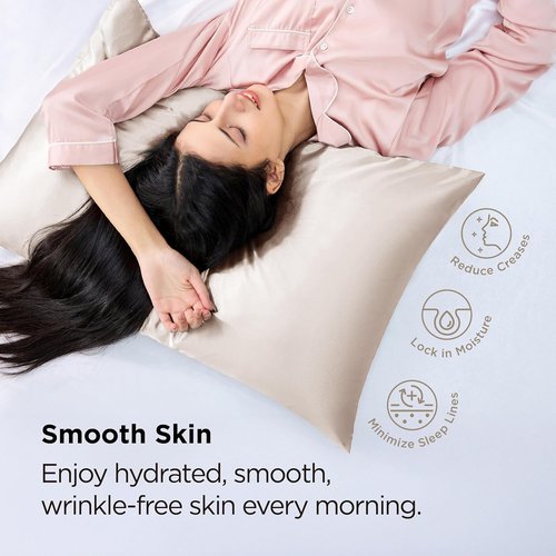 Bedsure Satin Pillowcase - Soft & Silky Zippered Pillow Covers, 2 Pack, Beige, Standard Size 20x26 Inches