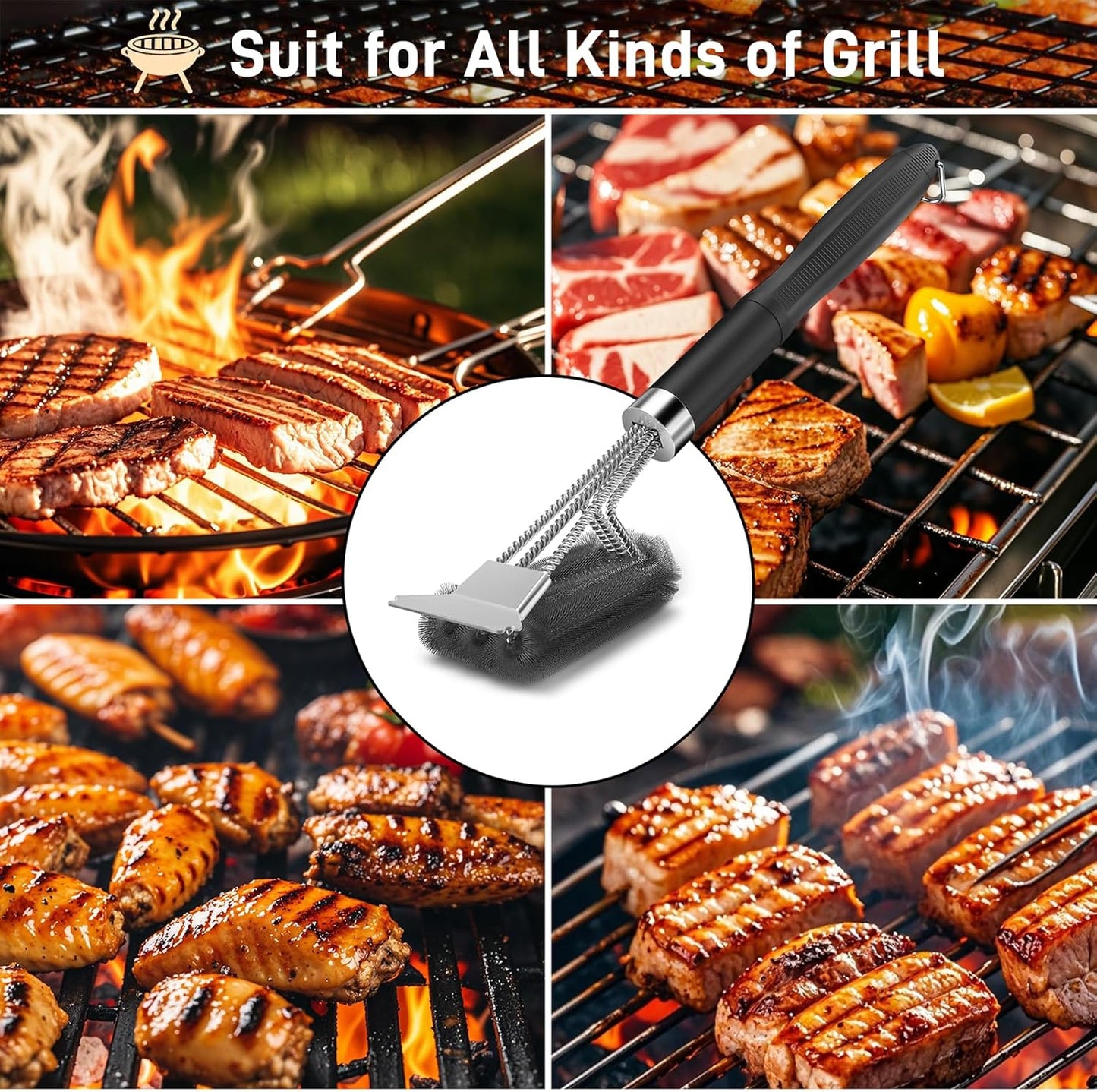 Skiennix Grill Brush and Scraper - 18" Adjustable Handle for Safe BBQ Cleaning | Extra Strong Tool for Gas & Charcoal Grates