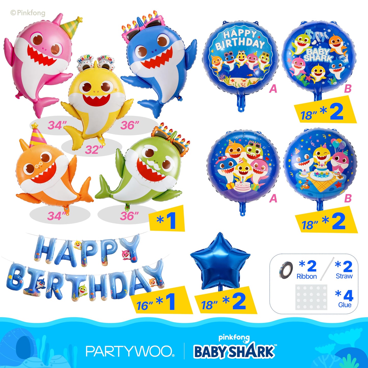 PartyWoo Baby Shark Family Foil Balloons 13pcs Baby Shark Family Blue Round Star Mylar Happy Birthday Banner Letter Balloons for Boys and Girls Under the Sea Kids Birthday Party Decorations