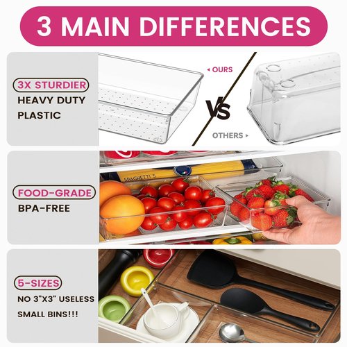 Criusia Large Drawer Organizer Bins 26 Pack | Complete 5 Size Clear Plastic Kitchen Drawer Organizers for Utensils | Bathroom Drawer Organizer Trays | Versatile for Makeup Office Organization