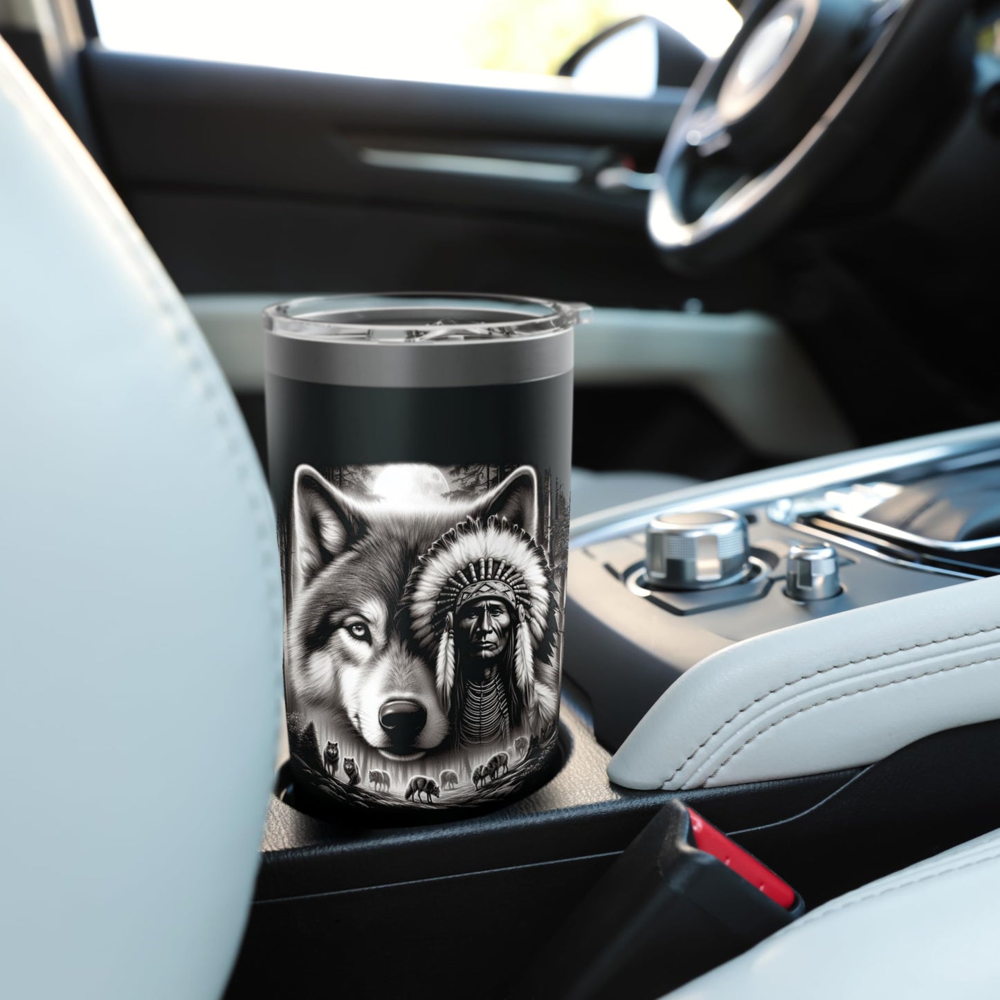 Native American Indian and Wolf Feathers Chief Art Stainless Steel Insulated Tumbler