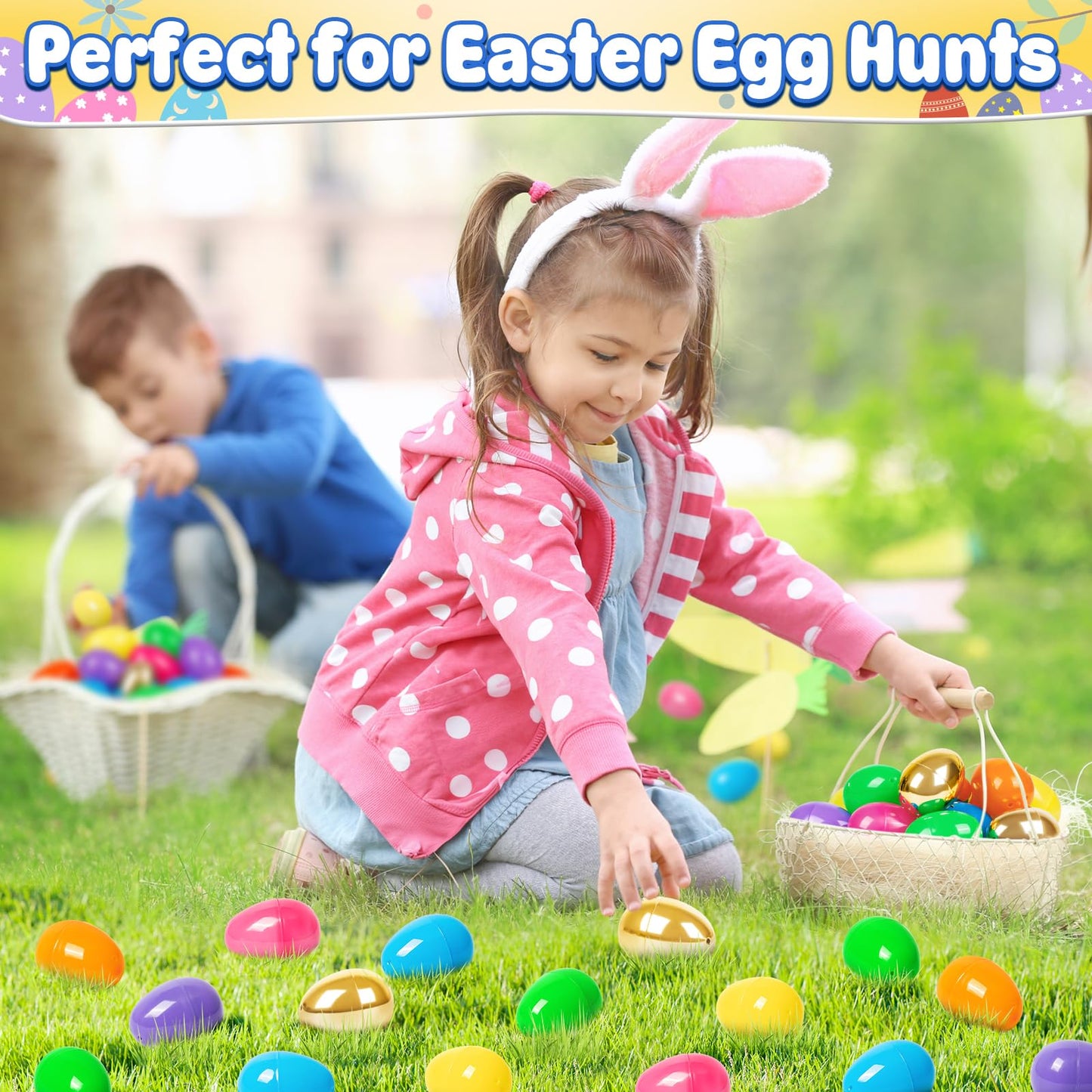 Birebebys 50 PCS 2.4"" Plastic Easter Eggs, 42 Pcs Empty Easter Eggs with 8 Golden Eggs, Fillable Egg with Hinge for Easter Hunt, Basket Stuffers, Classroom Prizes, Party Favors Supplies