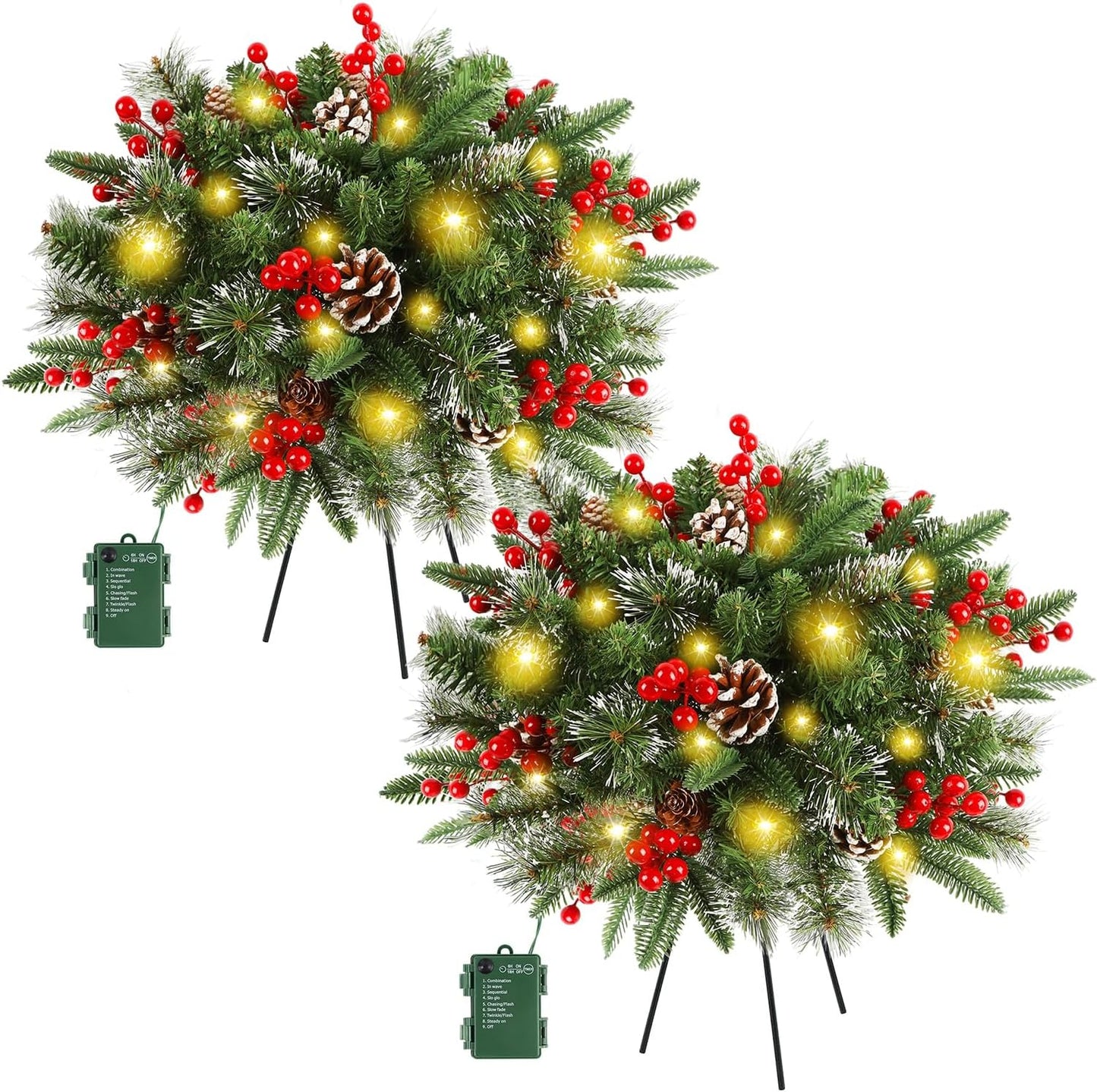 Juegoal Pre-Lit Christmas Tree Urn Filler - Lighted Artificial Pine Trees with 8 Modes & Timer | Battery Powered Outdoor Holiday Decor