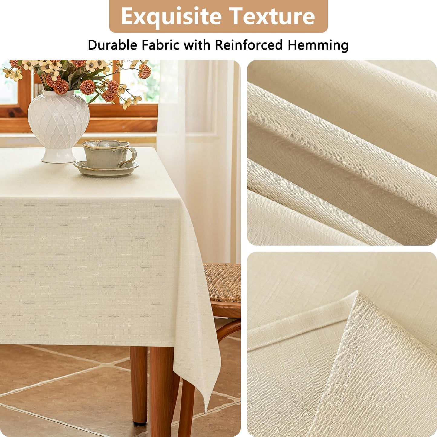 Seenus Wipeable Table Cloth fot 6 Foot Rectangle Tables, Textured Beige Fabric Rectangular Tablecloth for 8-10 Seats Dining Banquet Party, 60 x 102 Inch