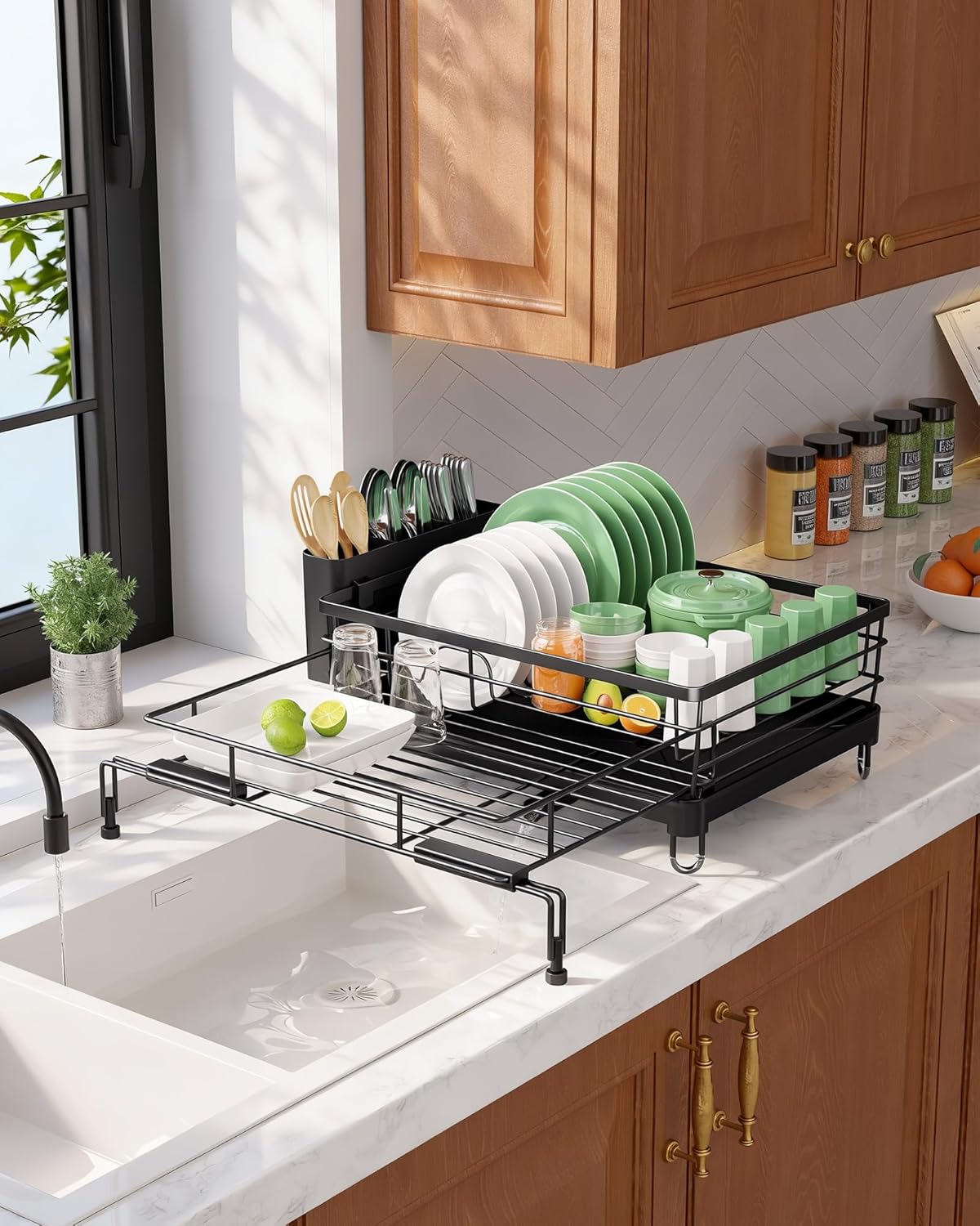 Kitsure Extendable Dish Drying Rack - Rust-Resistant Kitchen Rack with Adjustable Legs & Cutlery Holder | Black, 15.6''-25.2''L × 16.9''W × 8.1''H