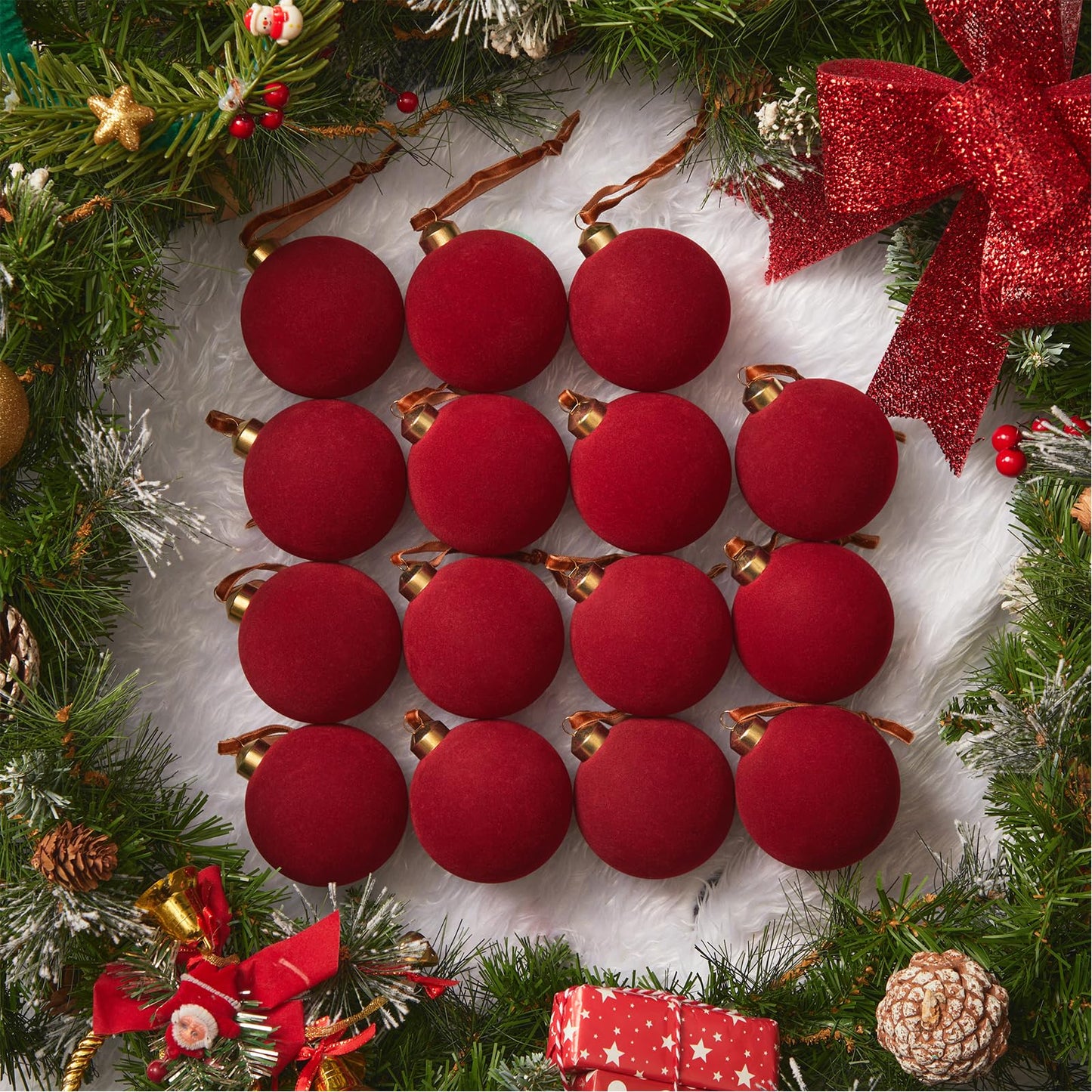 Brightown 15 Pcs Red Velvet Christmas Valentines Balls, 3.15 Inch Velvet Ornaments for Christmas Tree, Christma Tree Flocked Ornaments Balls for Family Holiday Wedding Party Xmas Hanging Decoration