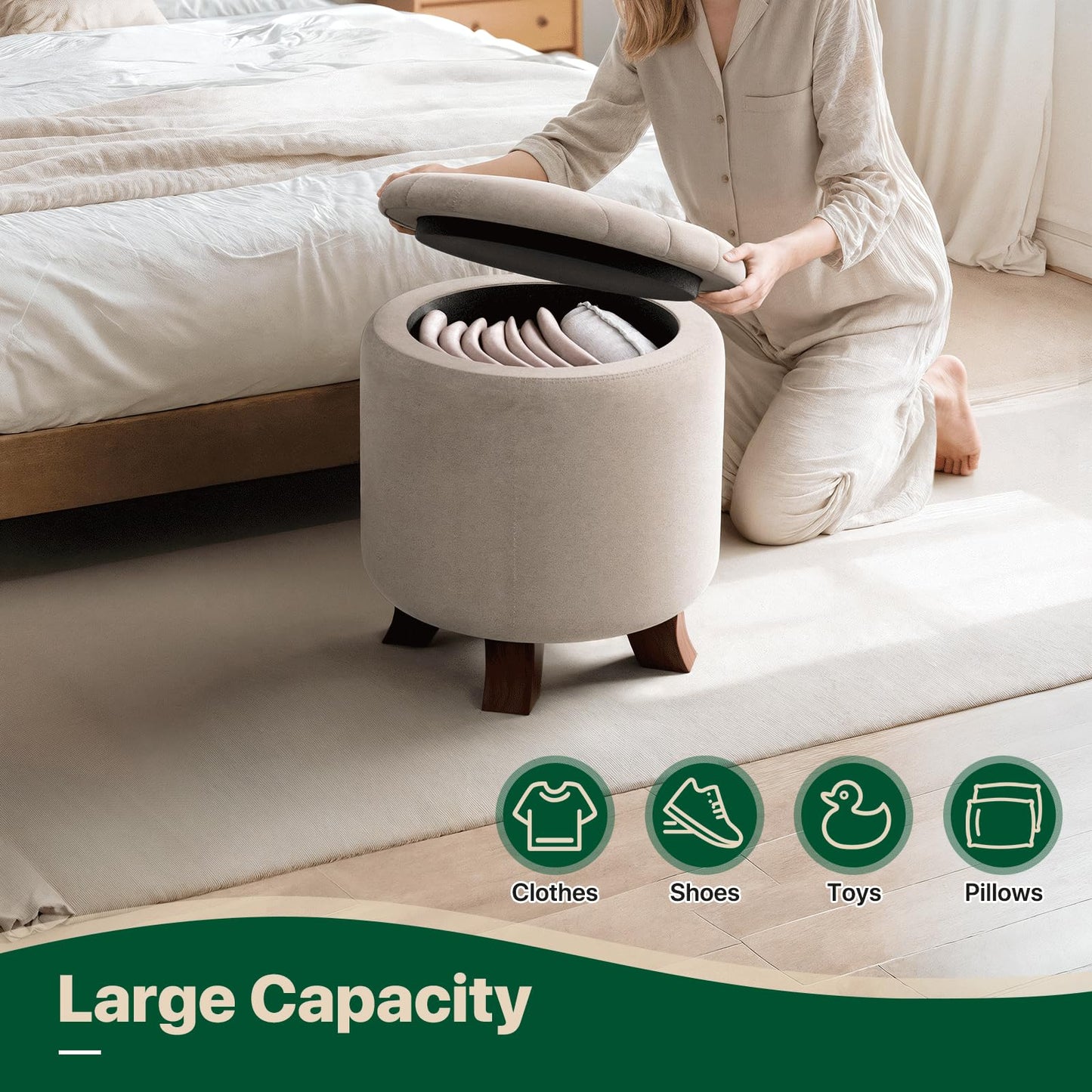 MoNiBloom Round Ottoman with Storage, Small Foot Rest Stool with Legs, 15.5 Dia. x 17 H Inches Upholstered Ottoman with Storage for Living Room, Bedroom, Beige