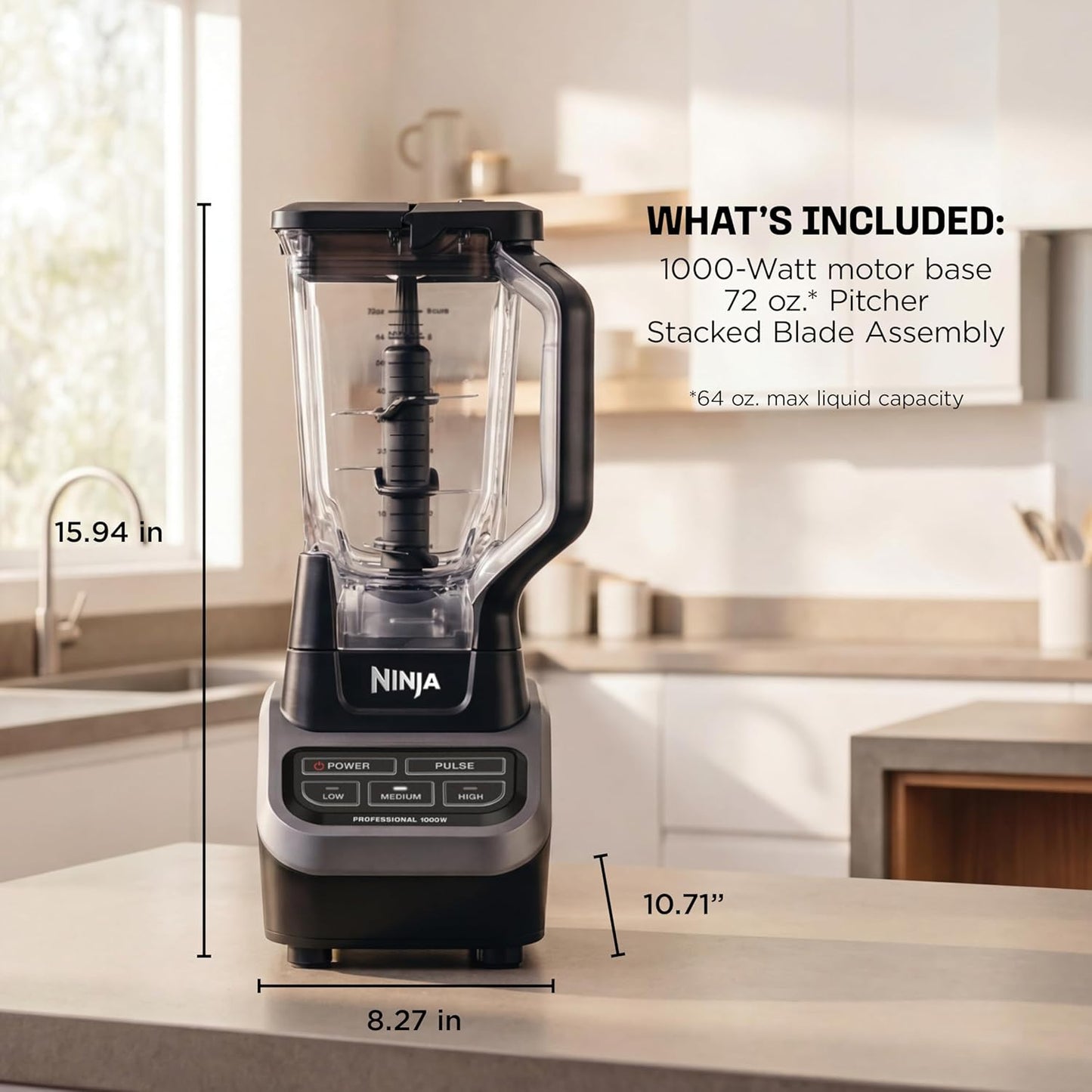Ninja Professional Blender - 1000W Smoothie Maker with Total Crushing™ Technology | XL 72-oz. Pitcher in Black & Grey