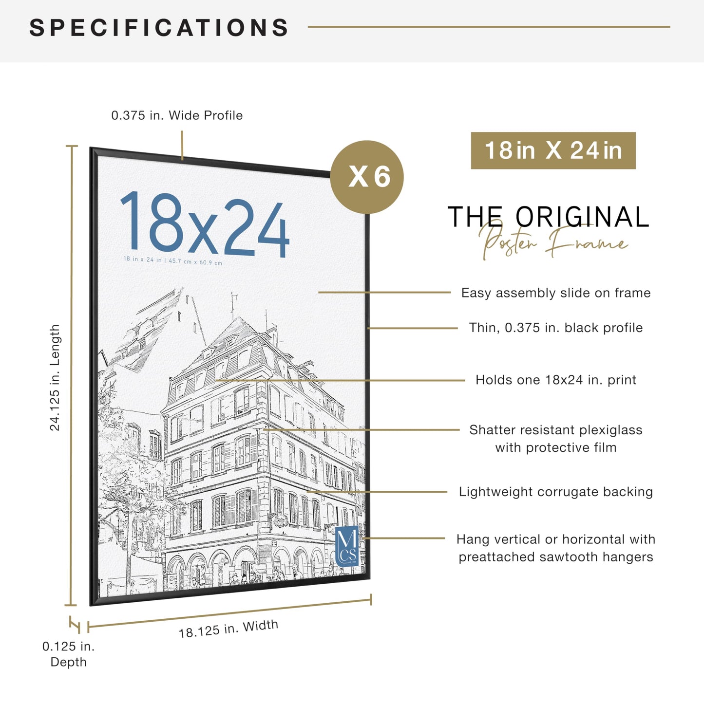 MCS Original Poster Frame 18x24 Black Lightweight Vertical & Horizontal Wall Hanging Large Picture Frame for Posters, Art Prints & Gallery Wall (6-Pack)