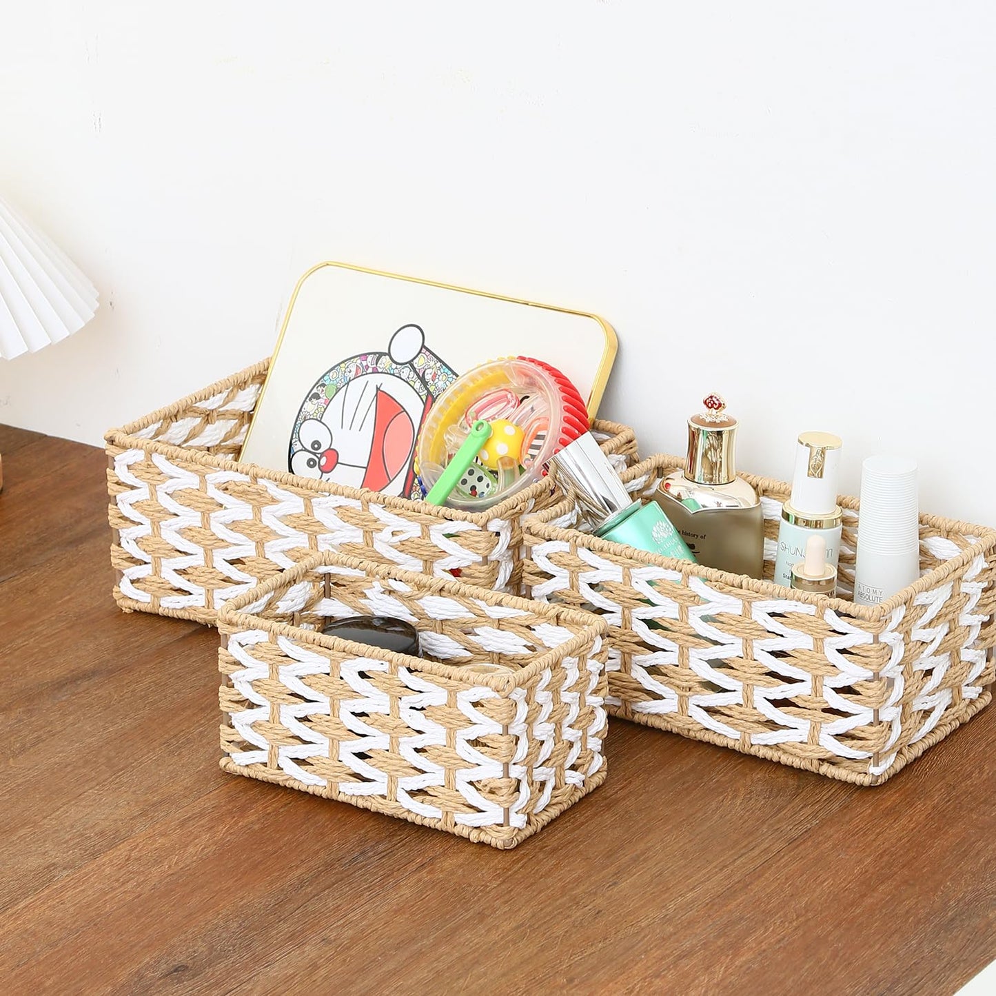 HANMYSTYLE Storage basket Flower weaving storage basket hand-woven organizing Kids room storage snacks sundries toiletries toys set of 3(rectangle)