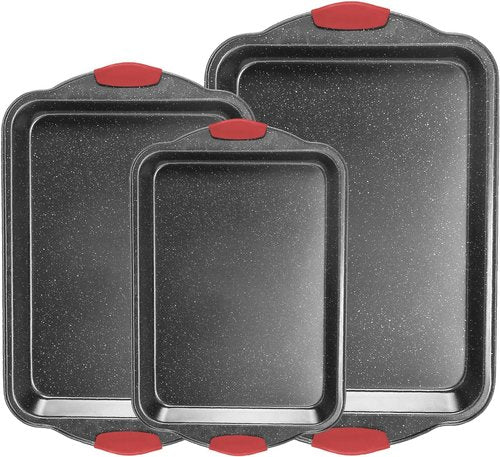 Anveena Nonstick Kitchen Oven Baking Pans - Premium Commercial Grade Bakeware with Red Silicone Handles | 3-Piece Set