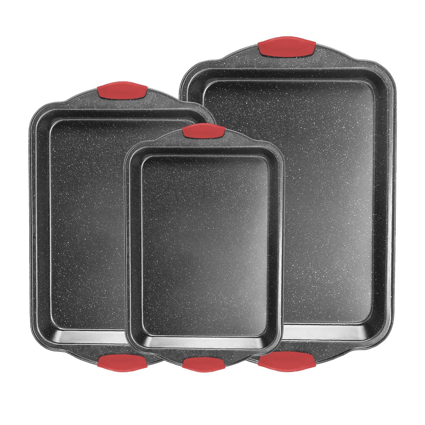 Anveena 3-Piece Nonstick Kitchen Oven Baking Pans - Premium & Stylish Non-Stick Steel, Commercial Grade Restaurant Quality Metal Bakeware with Red Silicone Handles - Easy to Clean black