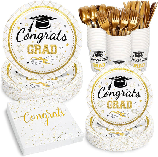 Whaline Graduation Party Supplies Set - 175 Pcs Disposable Tableware for 25 Guests | Gold Congrats Grad Plates, Napkins & Cutlery