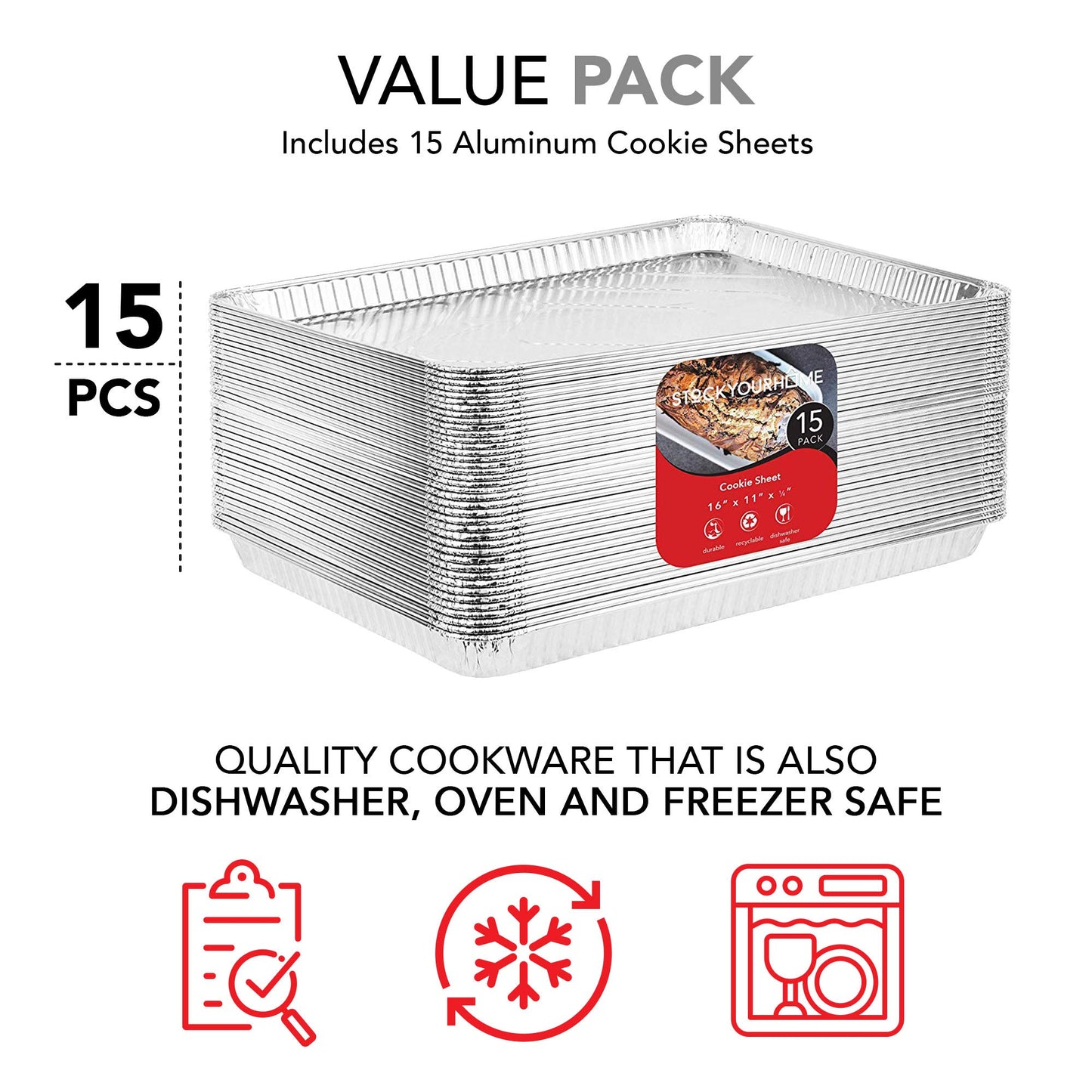 Stock Your Home Aluminum Pans - 15 Pack Disposable Aluminum Foil Trays - Reusable Nonstick Baking Sheets - 16 Inch x 11 Inch