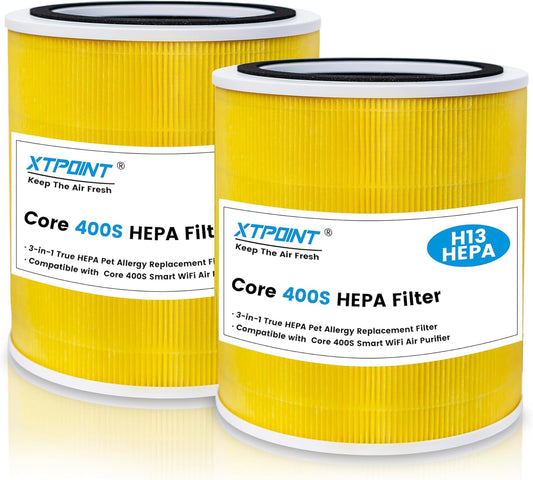 Core 400S Pet Allergy Replacement Filter Compatible with LEVOIT Core 400S, Core 400, 3-in-1 Filter, Activated Carbon Filtration, Compared to Part# Core 400S-RF-PA, 2 Pack, Yellow