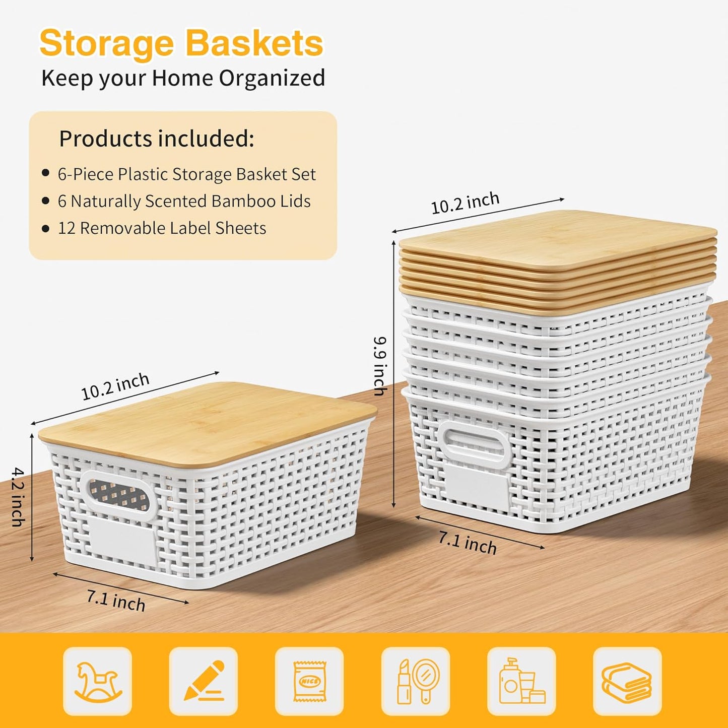 Skiennix Plastic Storage Baskets - Stackable Containers with Bamboo Lids & Labels, 6-Pack White