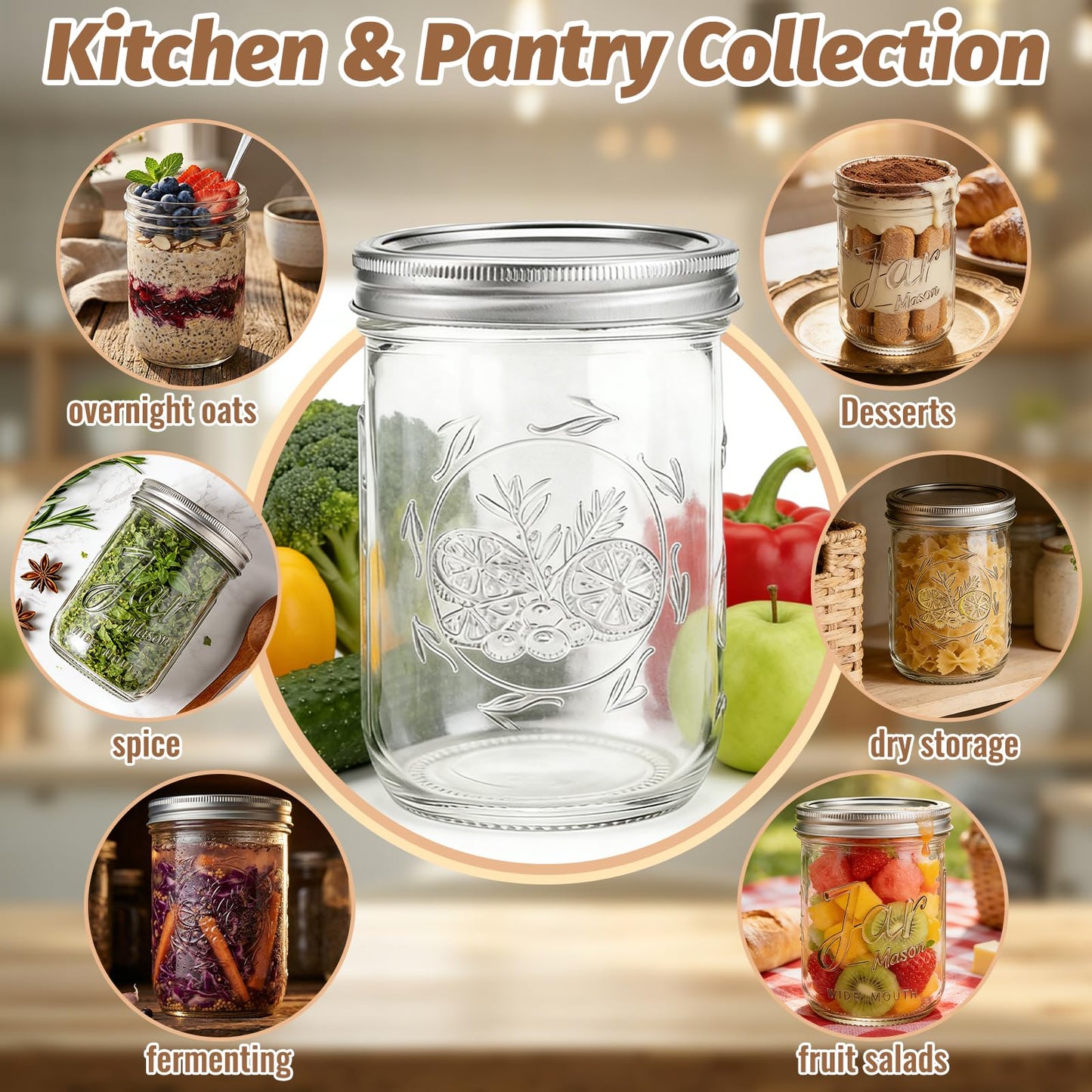 16 oz Wide Mouth Mason Jars with Embossing Pattern, 6 Pack Canning Jars with Volume Marks,Pint Glass Jars with lids for Fermenting,Pickling,Preserving,Meal Prep,Pantry organization,Gift Giving&Crafts